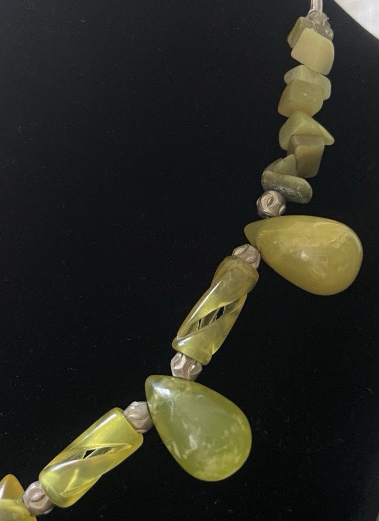 Vintage Chartreuse Resin & Stone Necklace — 1960s Modernist Organic Form