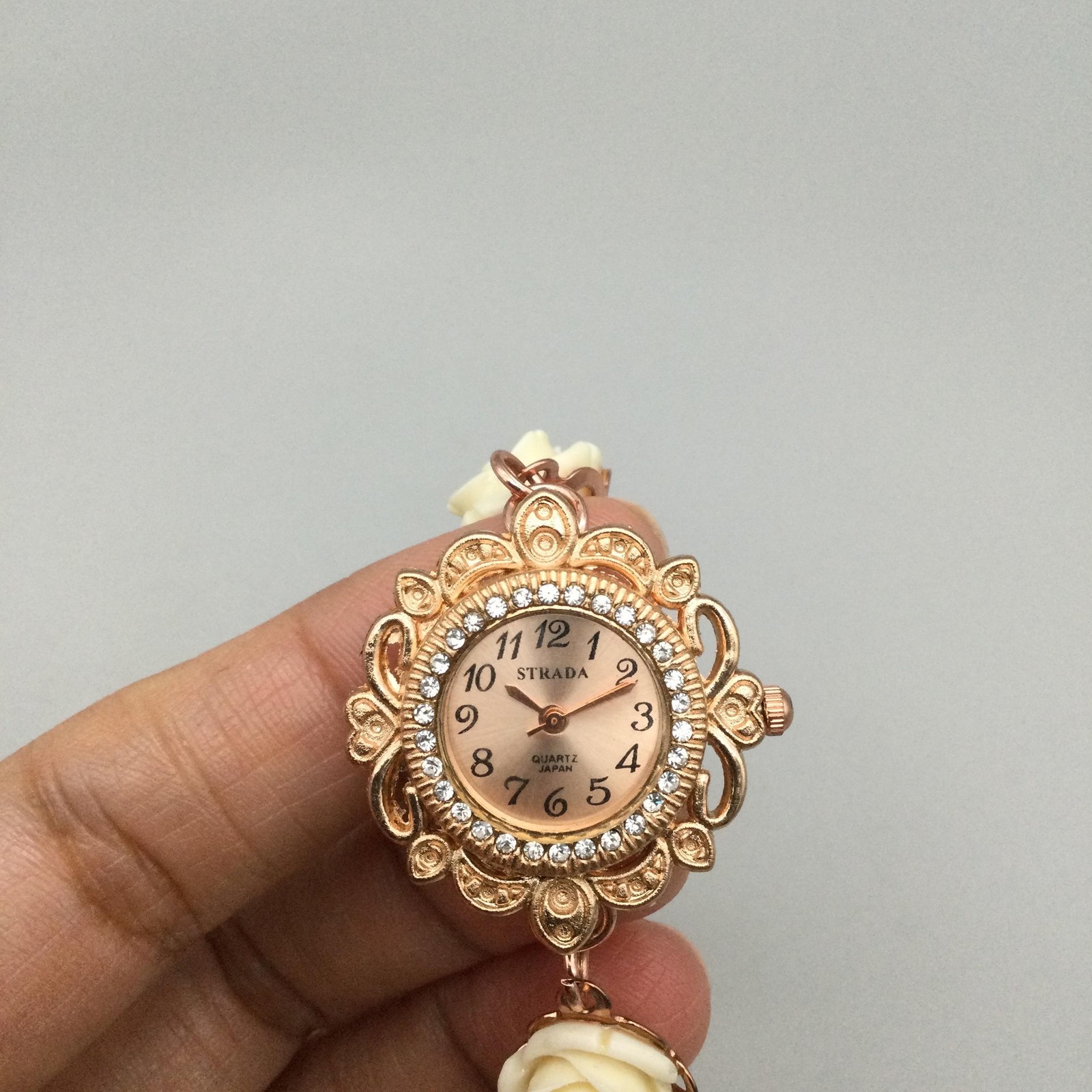 Strada Women Watch 29mm Rose Gold Dial Cream Rose Flower Bracelet New Battery 8″