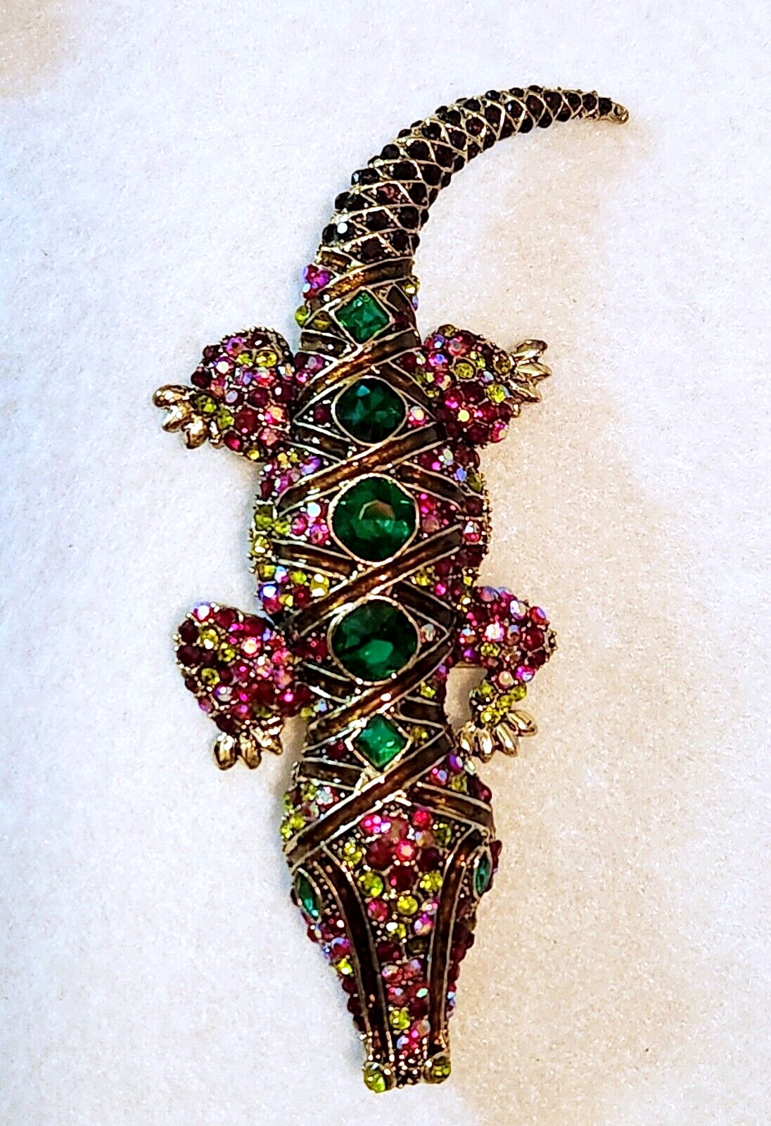 Giant & BEAUTIFUL RHINESTONE & ENAMEL Alligator /Crocodile BROOCH PIN 5.5″ x 2″