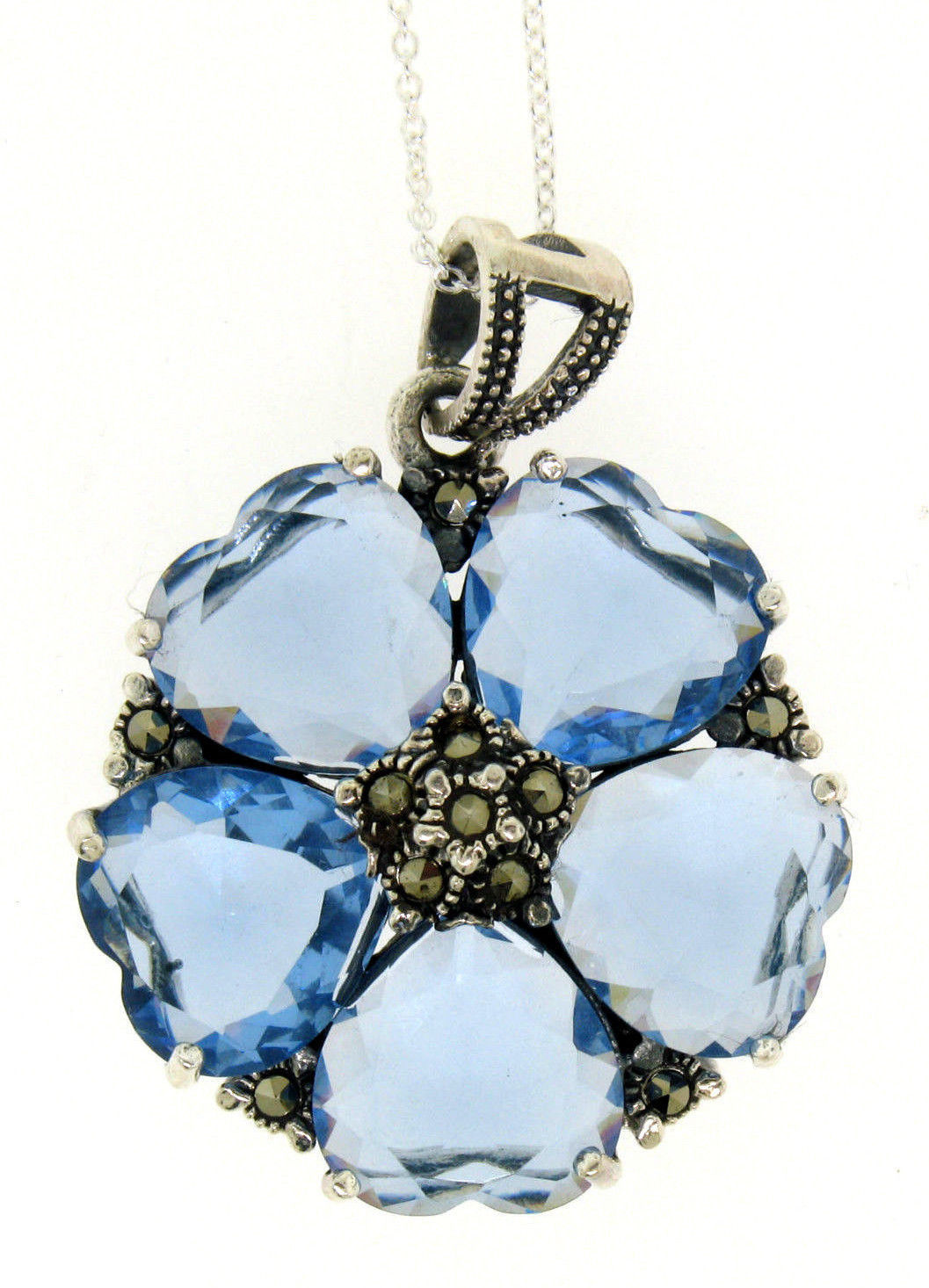 Marcasite Sterling Silver Sky Blue Topaz Heart Cluster Flower Pendant w/ Chain