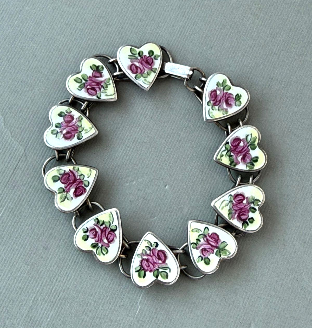 Vintage Bracelet Sweetheart Enamel Hearts Roses Bliss Bros 6.85″