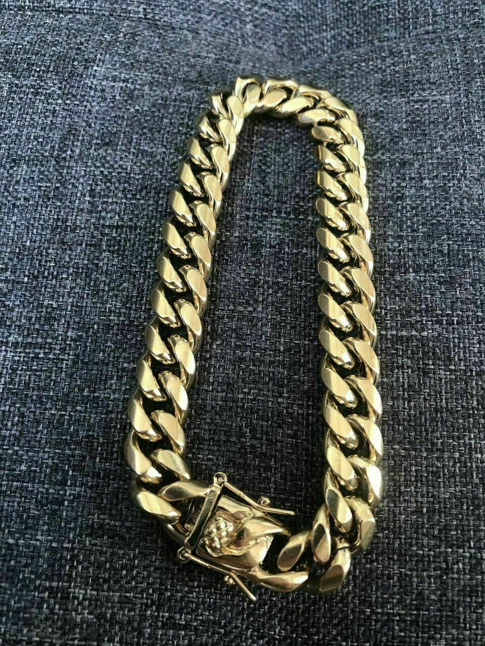 Pulsera y Cadena Cubana Para Hombre 10mm Baño De Oro 14k Sobre Acero Inoxidable