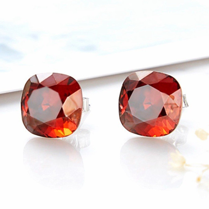 Red Cushion Cut Square Stud Earrings Butterfly Back Lobe Pair No Stone