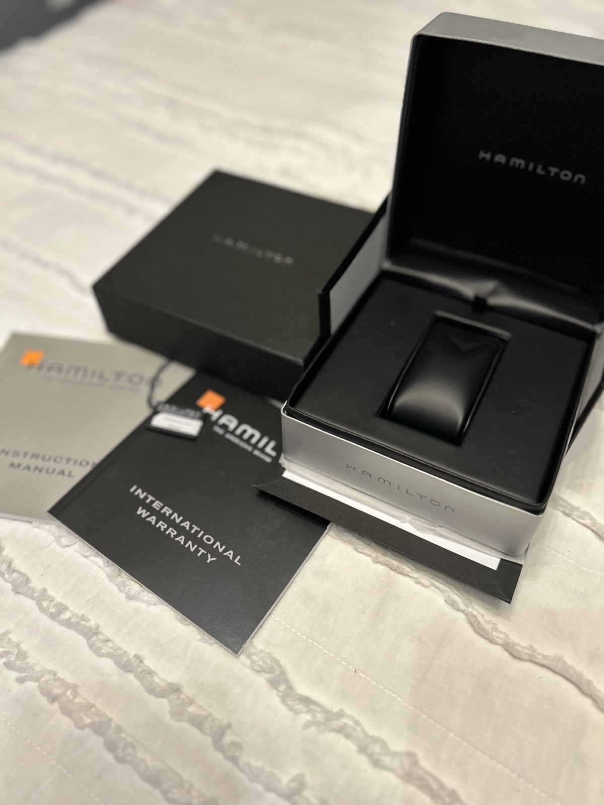 Hamilton Silver Metal Watch Box Set Inner & Outer Boxes & Booklet Included! MINT