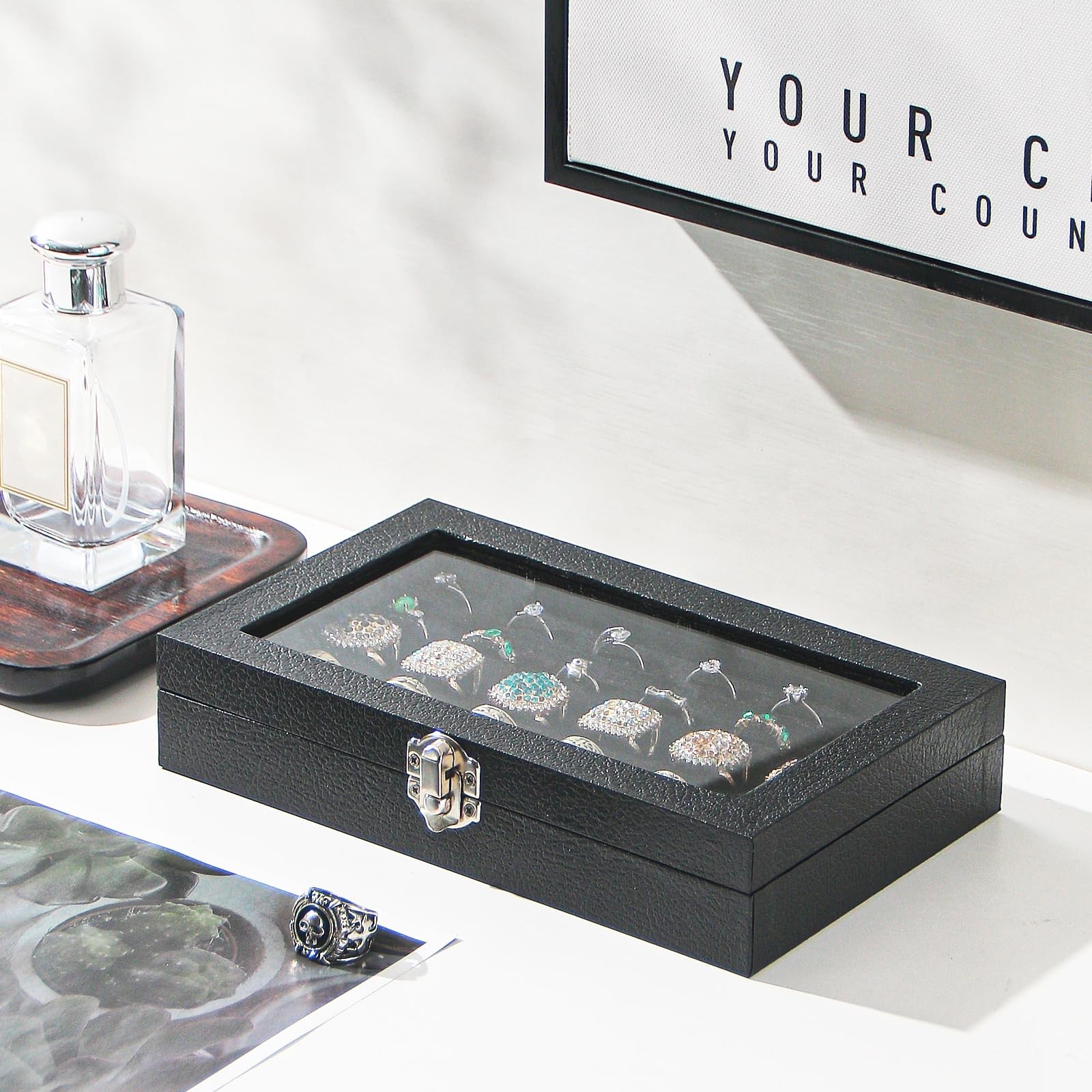Kanwoder Ring Organizer Box for Jewelry,Rings Cufflinks 30 Slots, Black