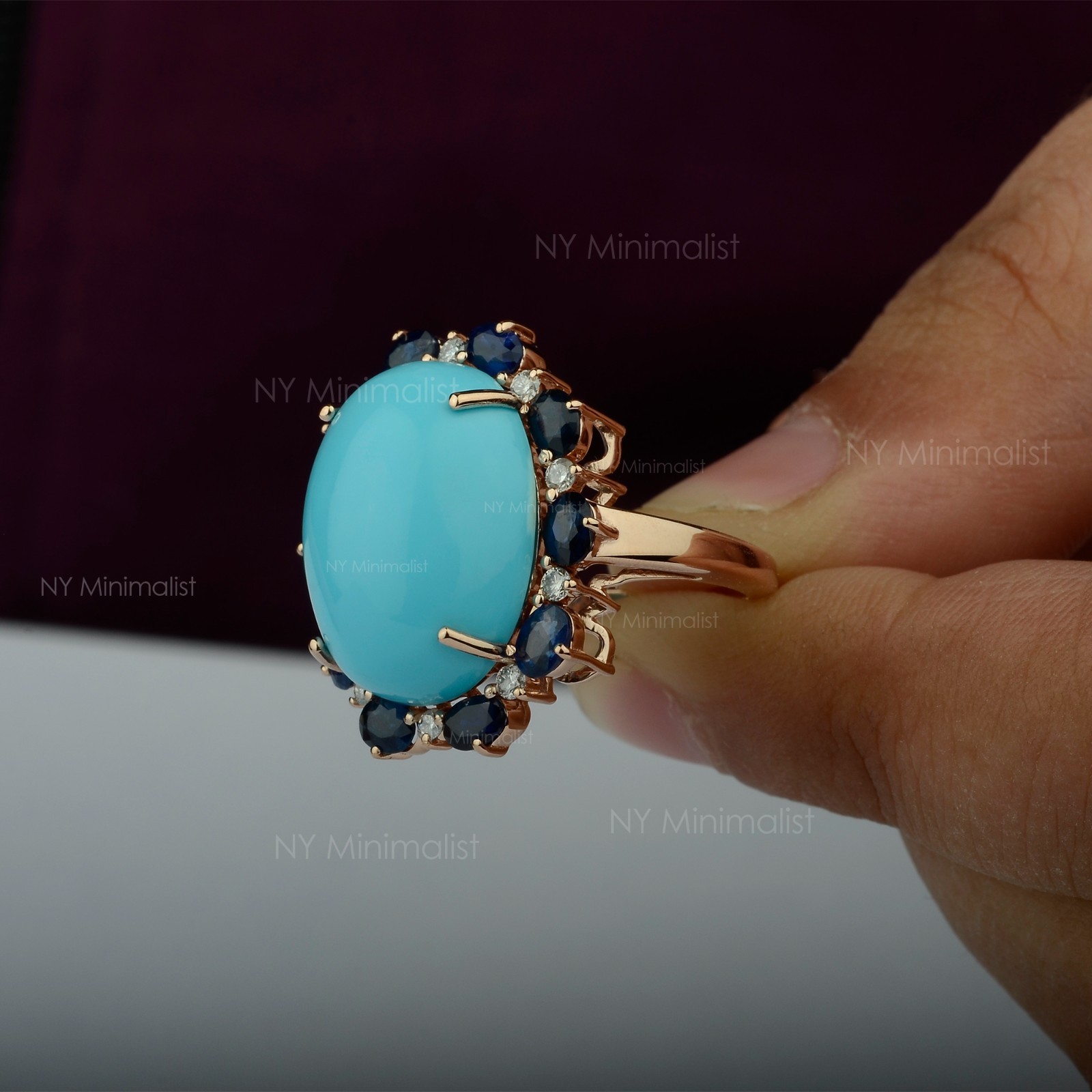 14K Solid Gold Genuine Oval Turquoise Blue Sapphire and Diamond Engagement Ring