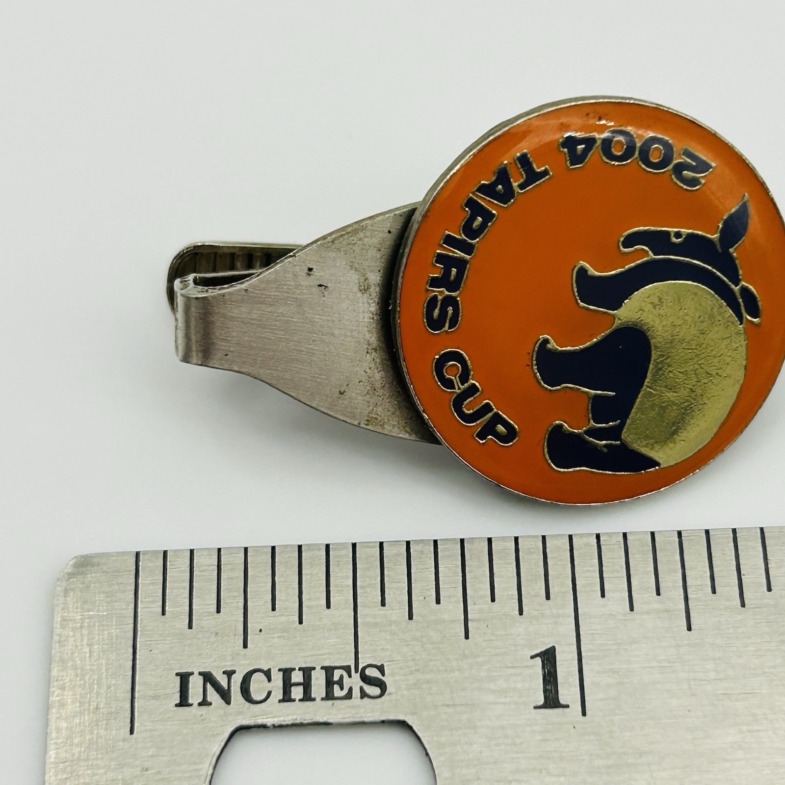 VINTAGE 2004 Tapirs Cup Tie Bar Pin Japan Silver Toned Orange Antique Logo Mens