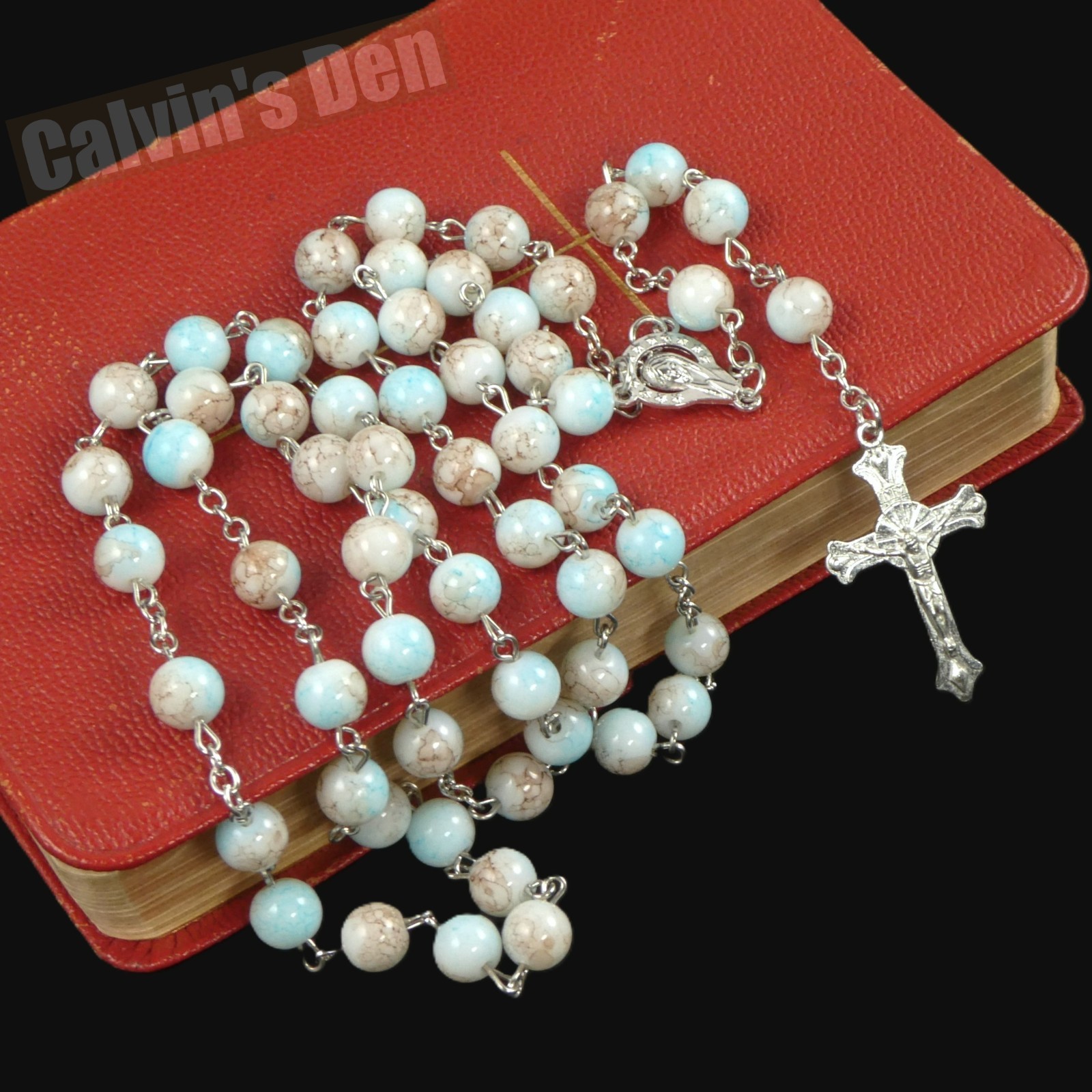 Mary with Crown of 12 Stars Crucifix Cross Rosary Marbled Light-Blue Bead Gift