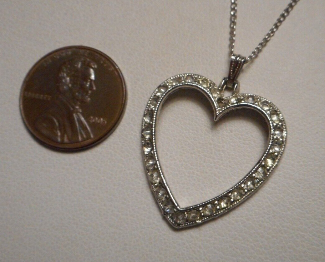 1950s Bogoff Diamante Rhinestone Silver-tone Heart Pendant on 16″ Chain Necklace