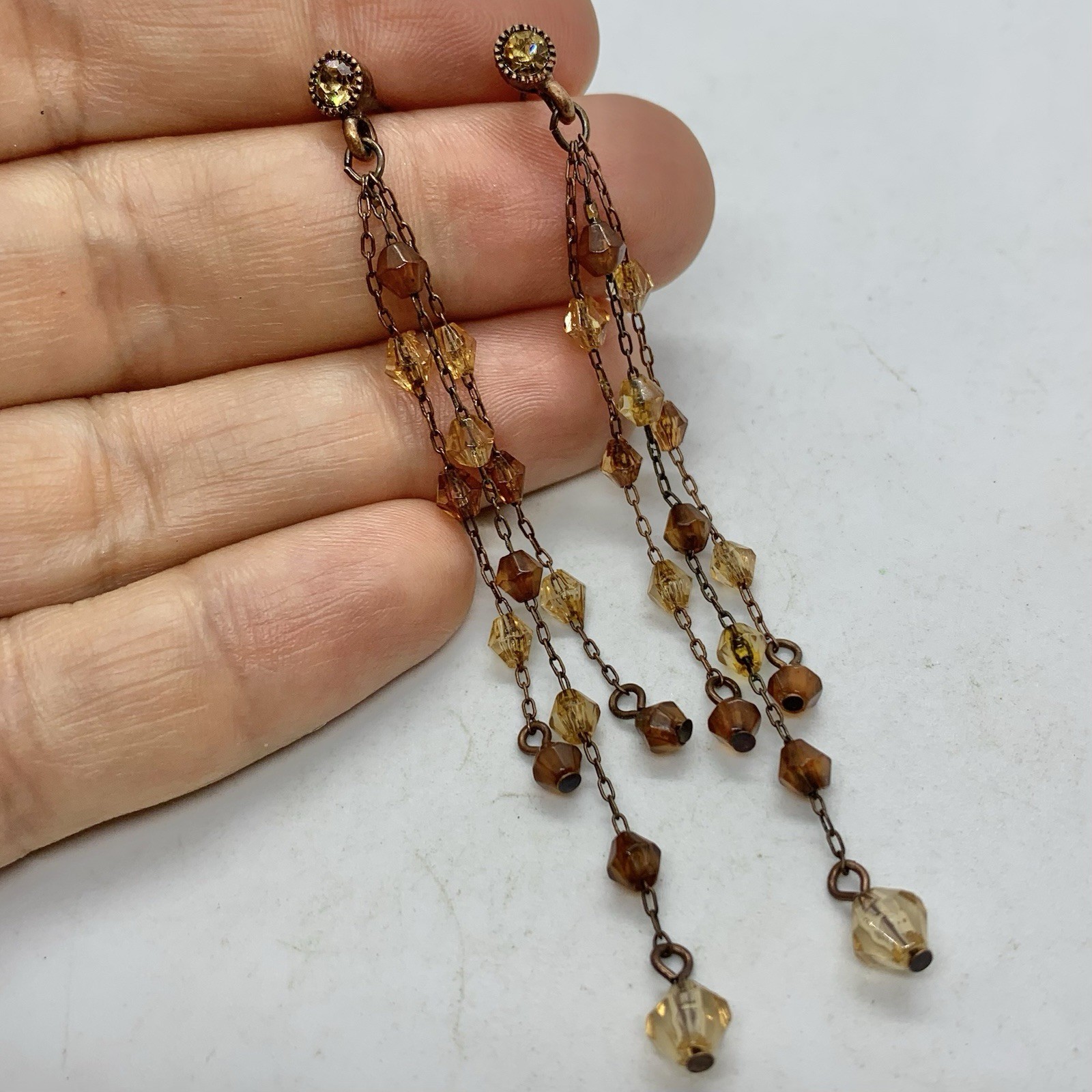 Vtg Yellow Brown Acrylic Crystal Chain Tassel Earrings Dangle Long Rhinestone