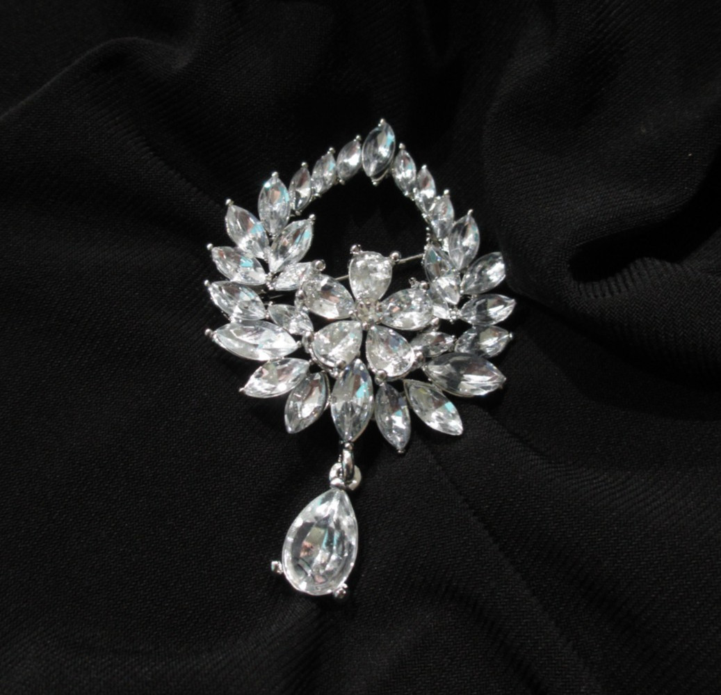 Crystal Rhinestone Floral Wreath Brooch Pear Drop Dangle Silver Glam Pin SPARKLE