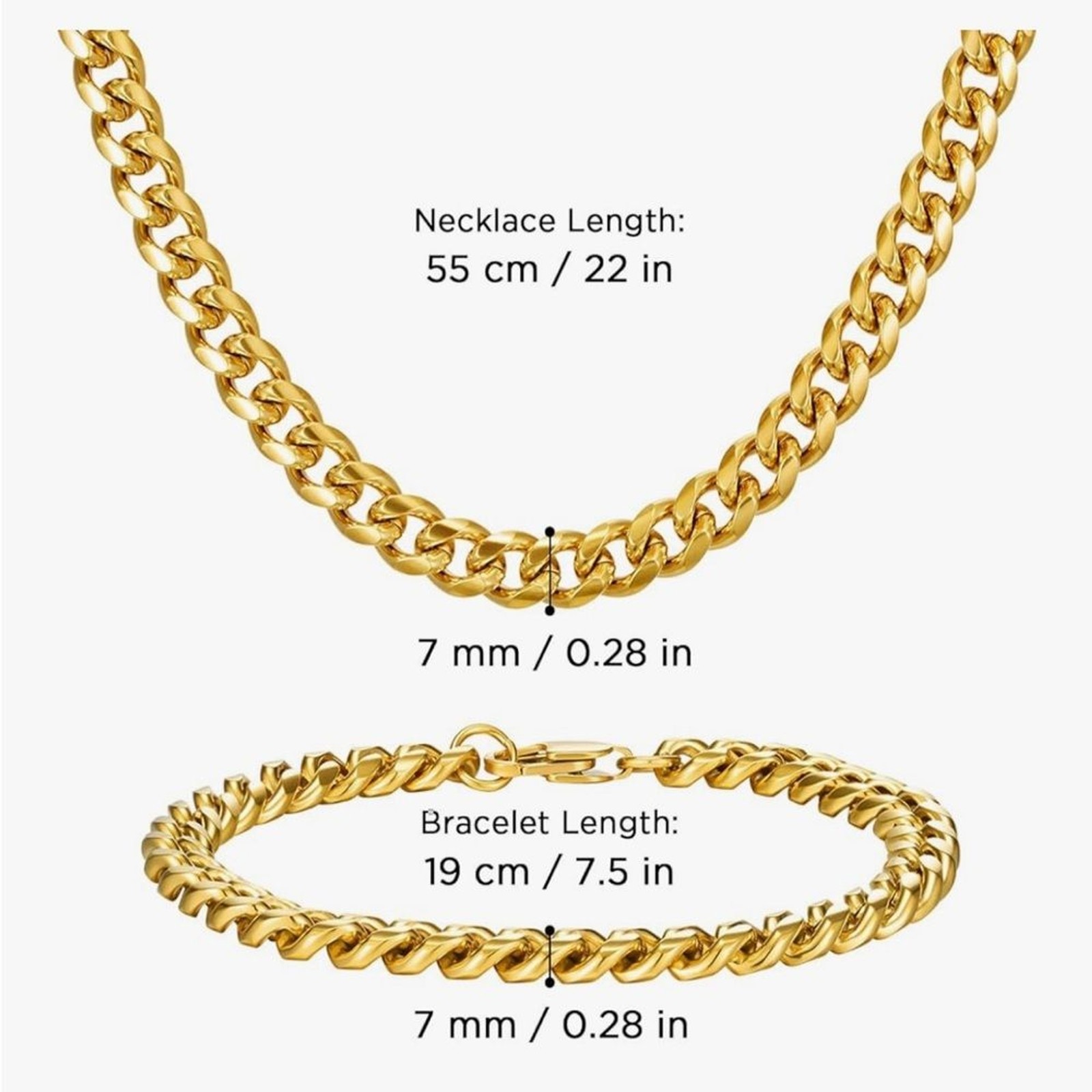 18K Gold Cuban Chain Set 8MM Necklace & 7MM Bracelet Set 22” + 7.5” Statement