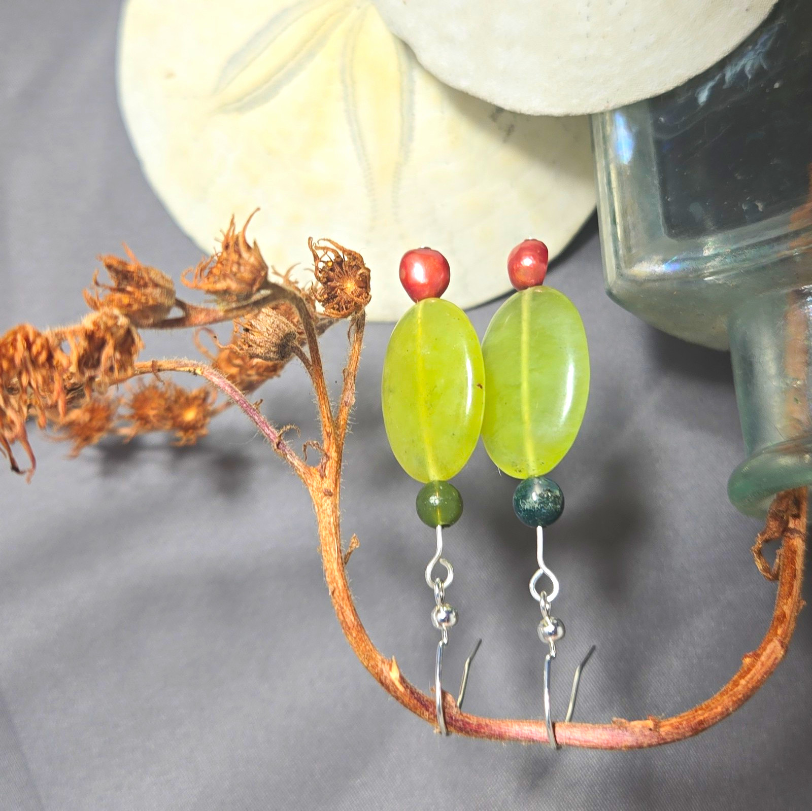 Handcrafted Green Oval Beaded Dangle Drop Earrings Silver Hook Ear Wires