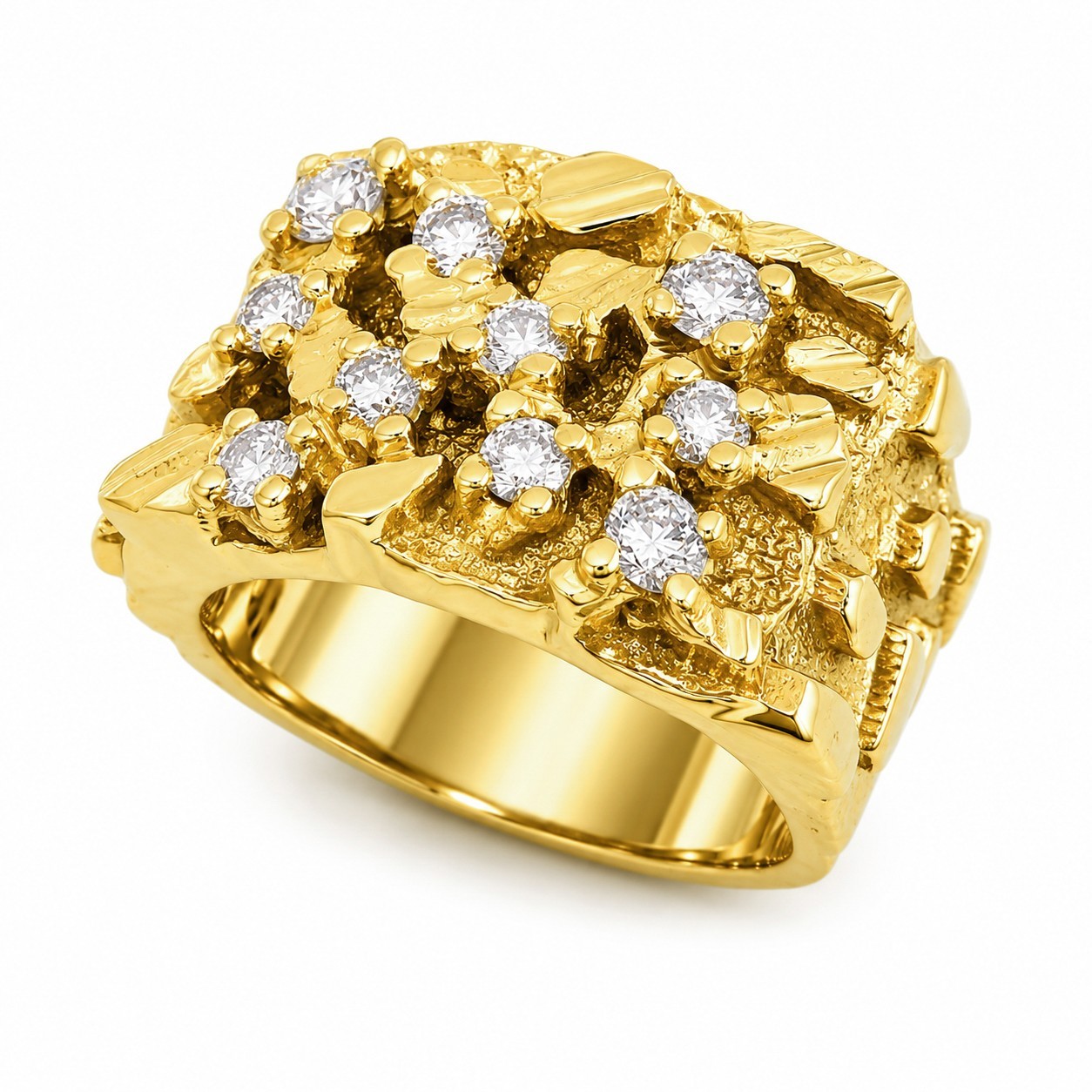 Real 14K Yellow Gold .70 Carat Wide Face Diamond Mens Nugget Ring Natural or Lab