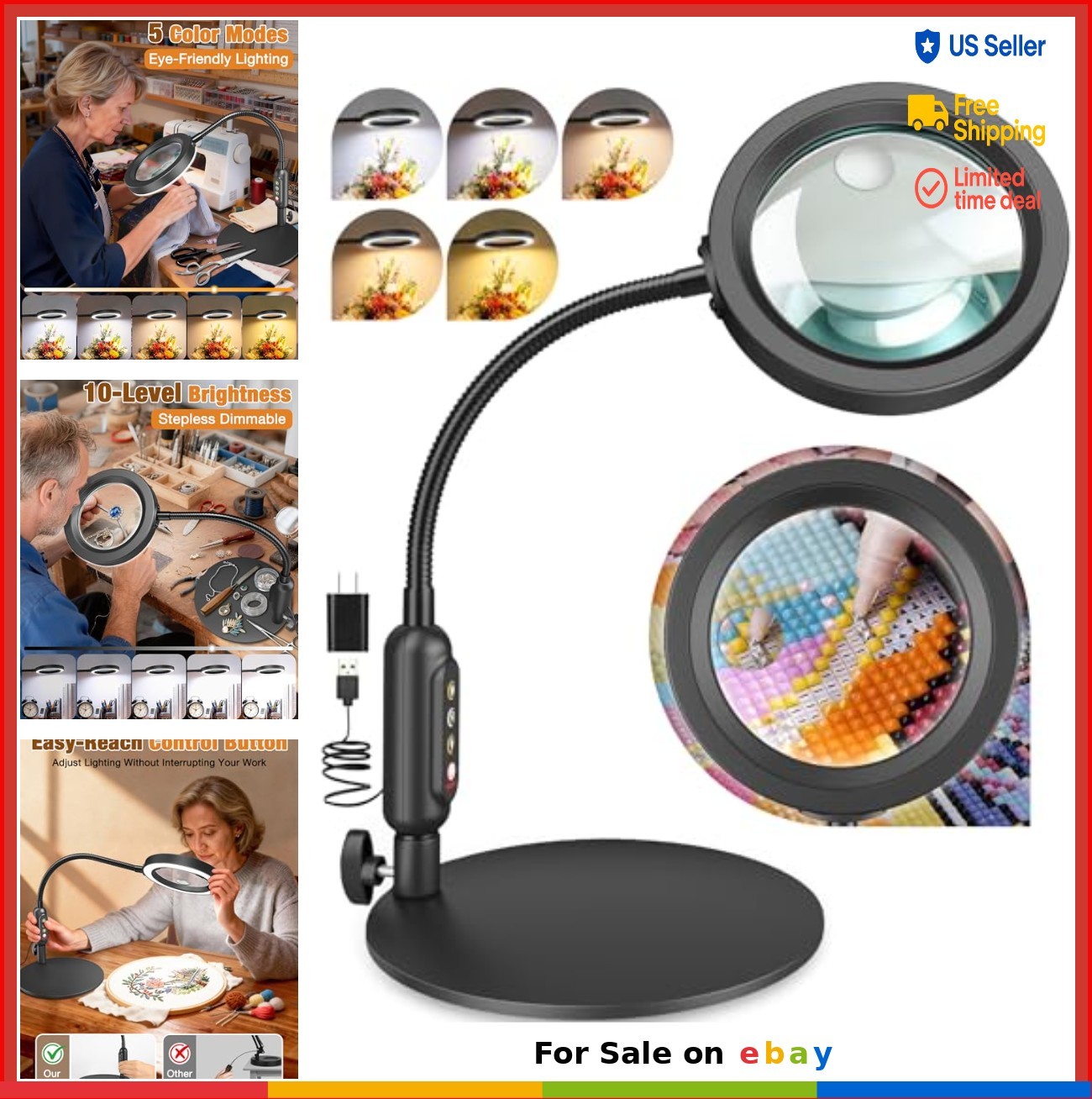 Magnifying Glass with Light 30X 10X LED Stepless Dimmable 5 Colors Gooseneck