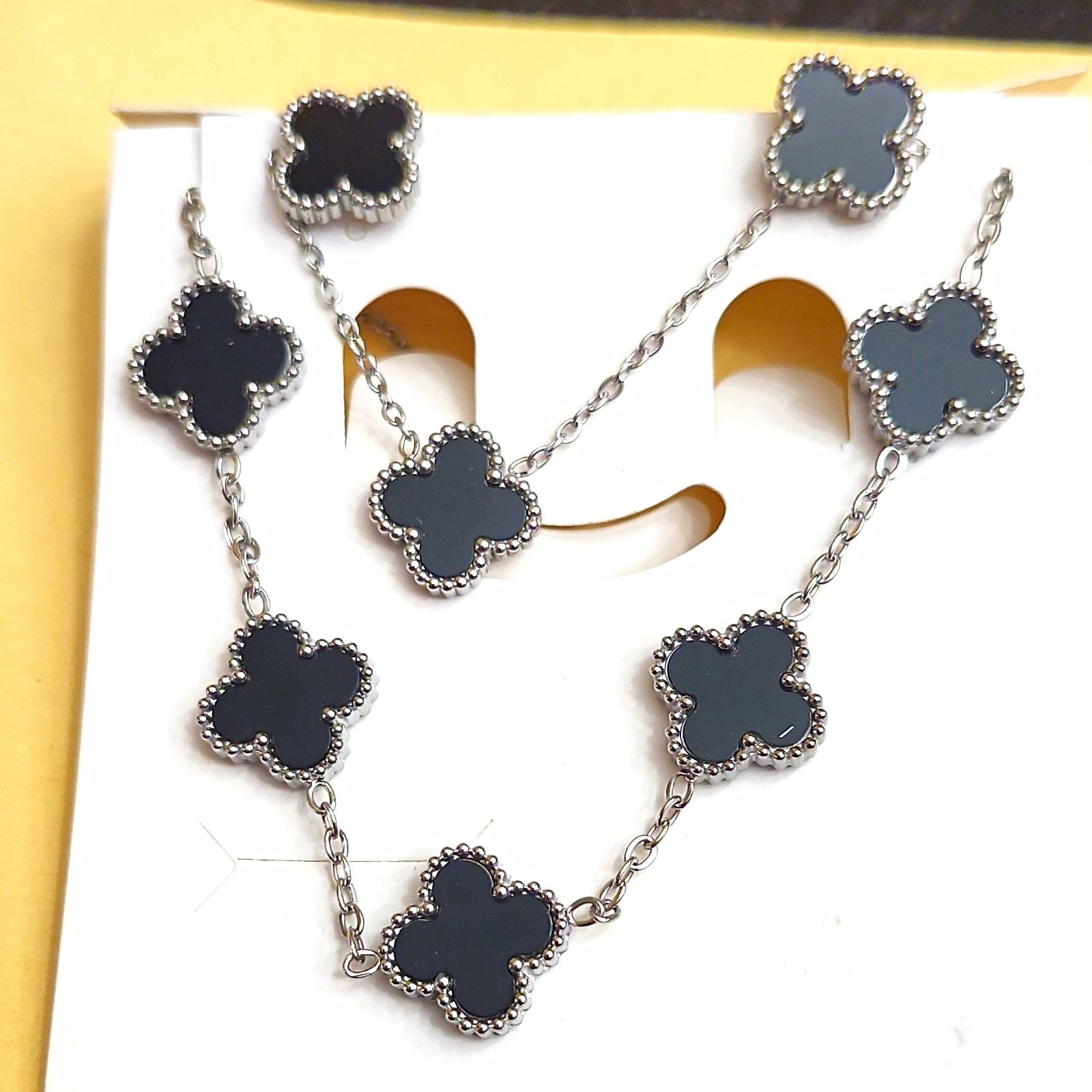 Silver Tone Stainless Steel Necklace Black Clover Charm 3 Piece Set