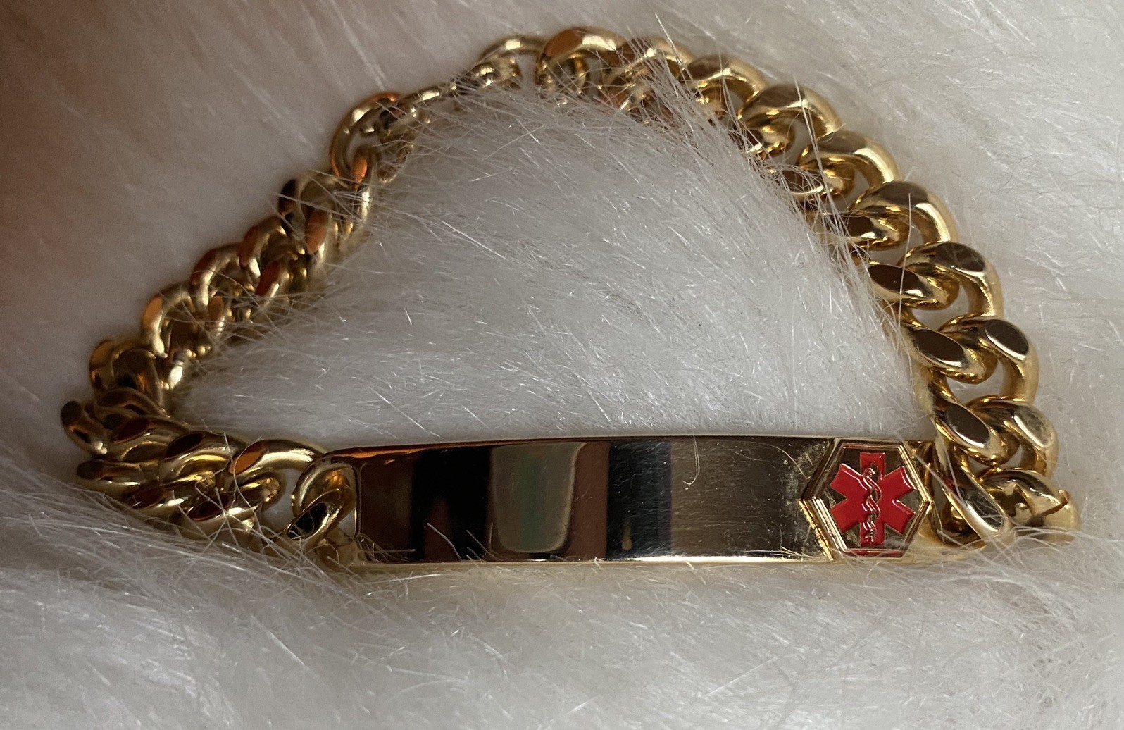 Vintage Elco Medical ID Bracelet Gold Electroplated 7.5”Engraveable Red Caduseus