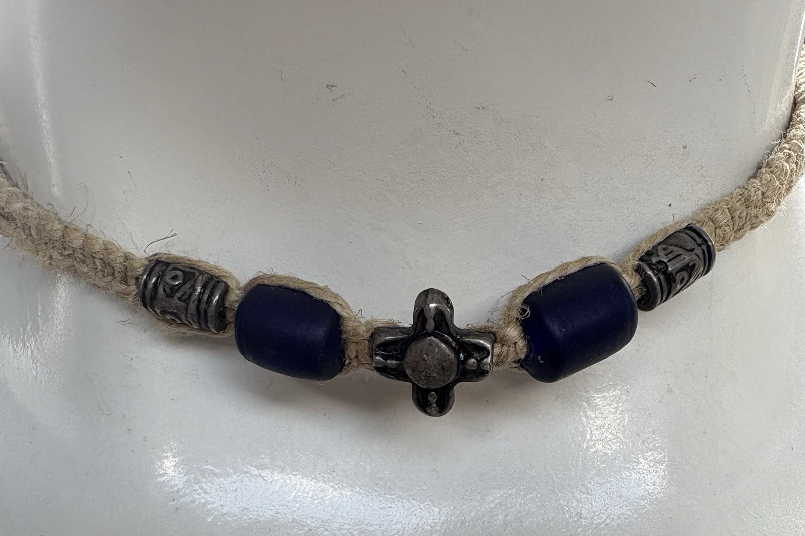 Hemp Cross Pendant Beige Cord Blue Glass Bead Choker Necklace Adjustable Tie