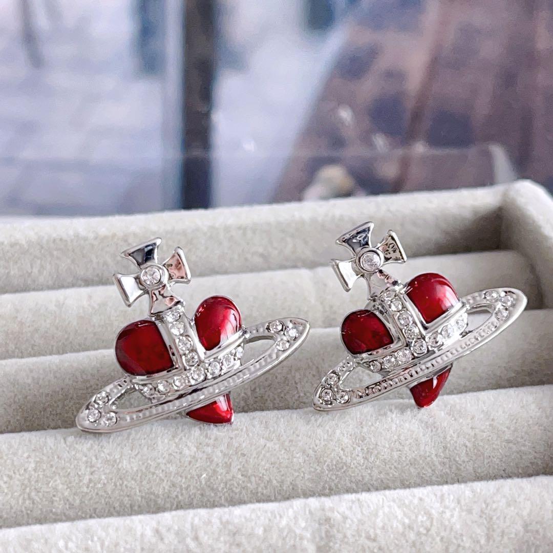 Vivienne Westwood Diamante Heart Necklace Earrings Set Red Silver NO BOX [EJ5009