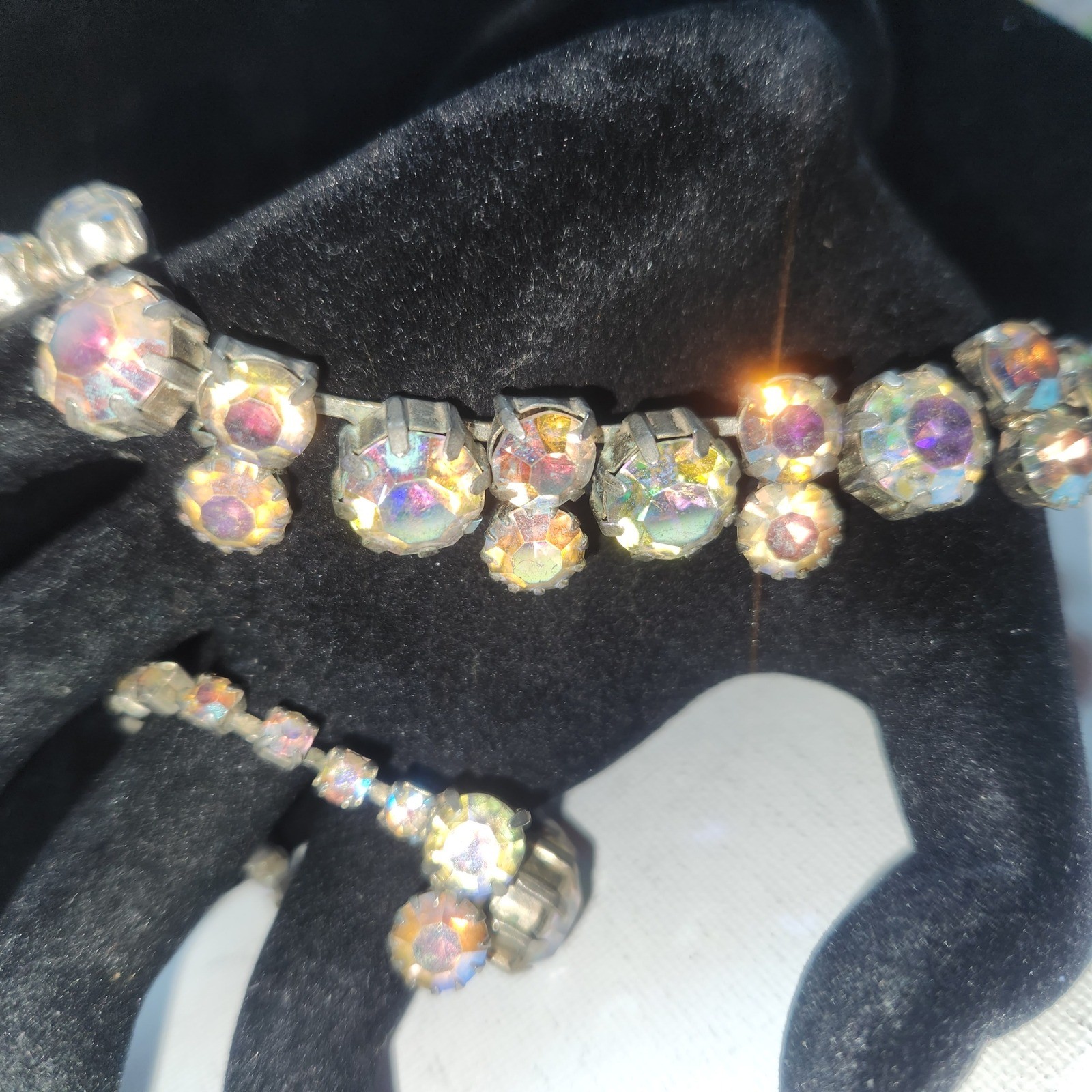Vintage Aurora Borealis Rhinestone Choker Necklace Silver Tone J-Hook 15.5 Inch