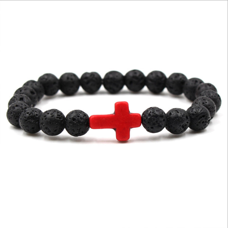 Hot Natural Lava Stone Strand Bracelet Cross Bead Rock Energy Volcanic Man Woman