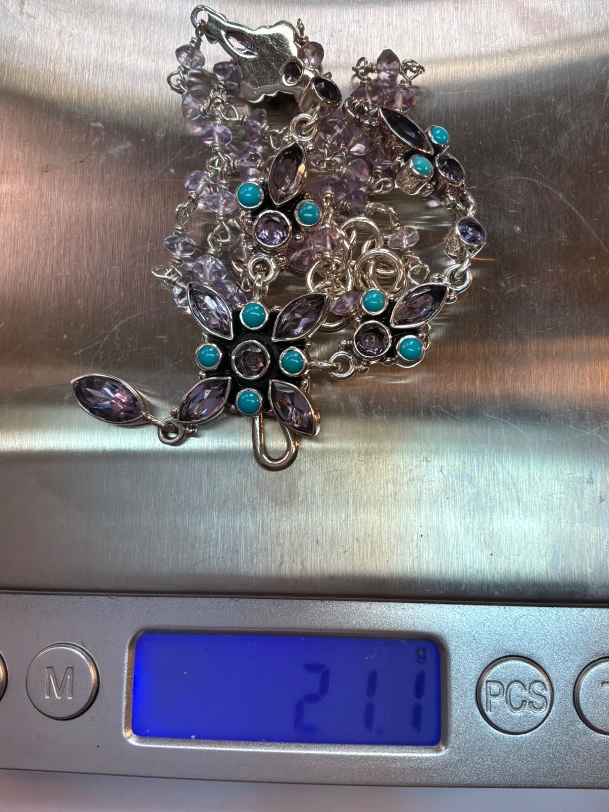 Estate 925 Sterling Silver Amethyst Turquoise Floral Necklace 20″ India Gift