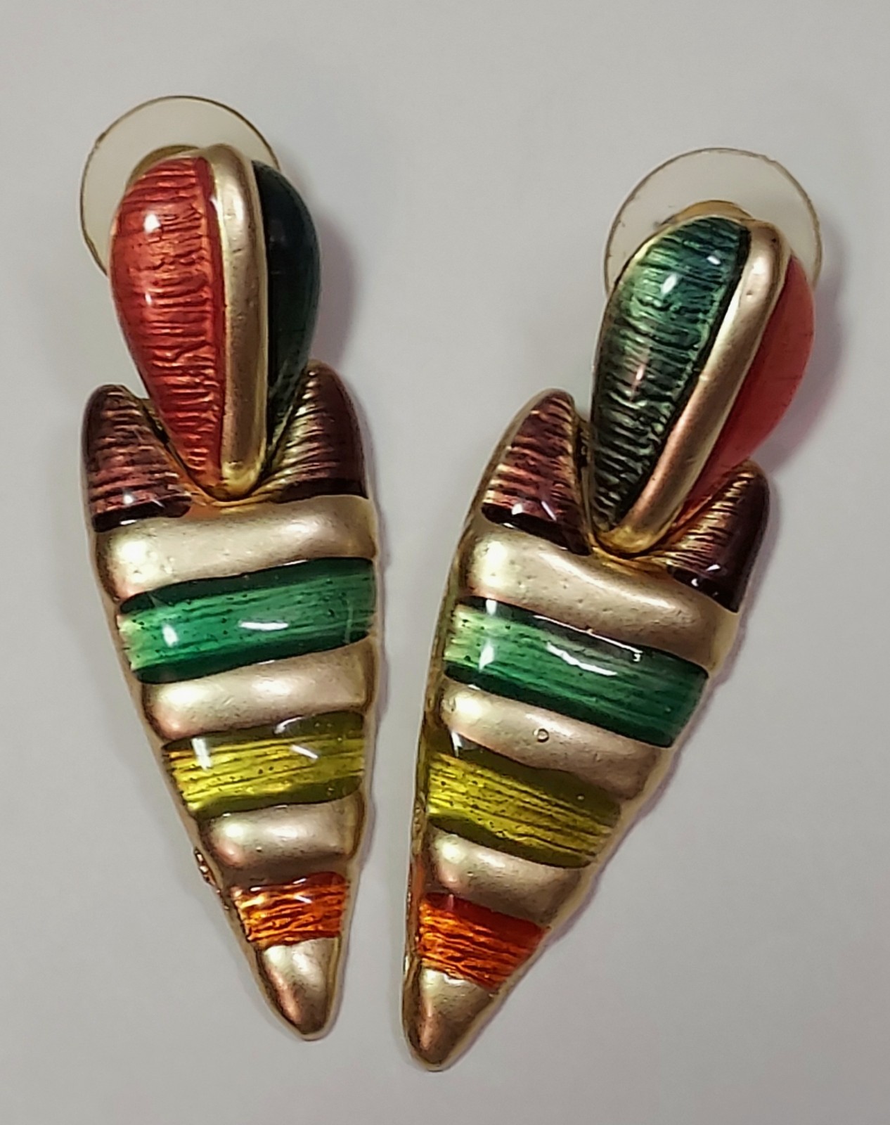 Don Lin Enamel Earrings Vintage Pierced Matte Gold Tone Boho Signed