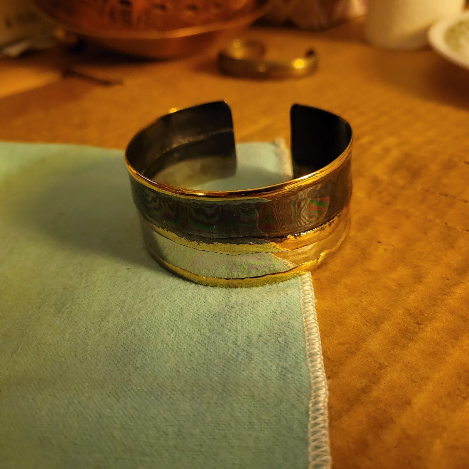 Abstract Gold Silver Black Tri-Color Cuff Bracelet