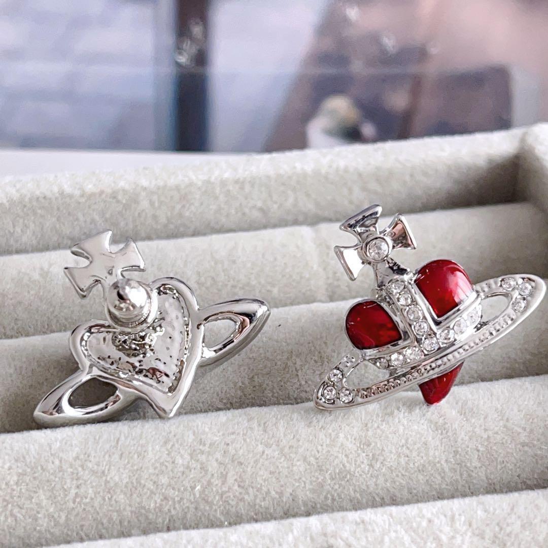 Vivienne Westwood Diamante Heart Necklace Earrings Set Red Silver NO BOX [EJ5009