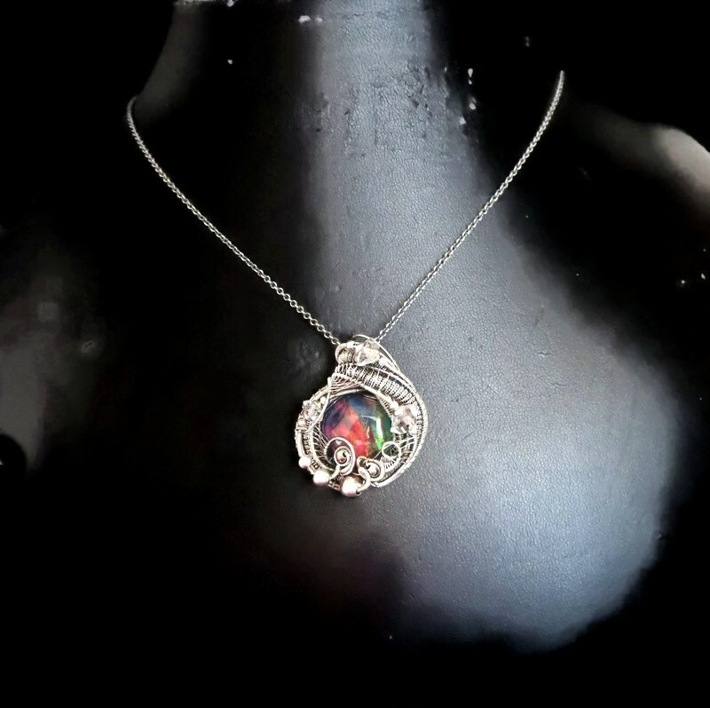 Aurora Opal Wire-Wrapped Pendant in Sterling Silver with Herkimer Diamonds