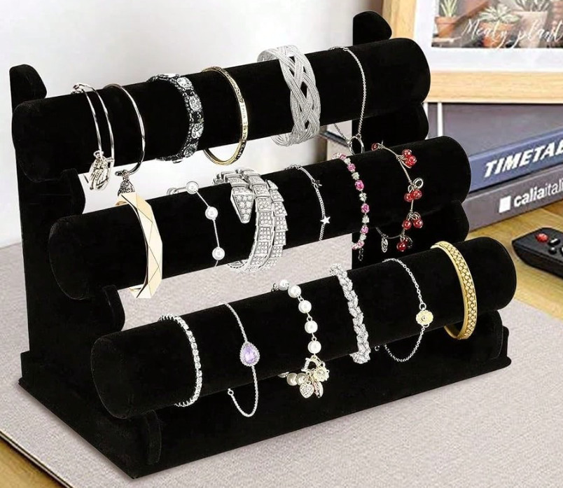 Velvet Bracelet Holder 3 Tier – Black Jewelry Display Stand for Watches Bangles
