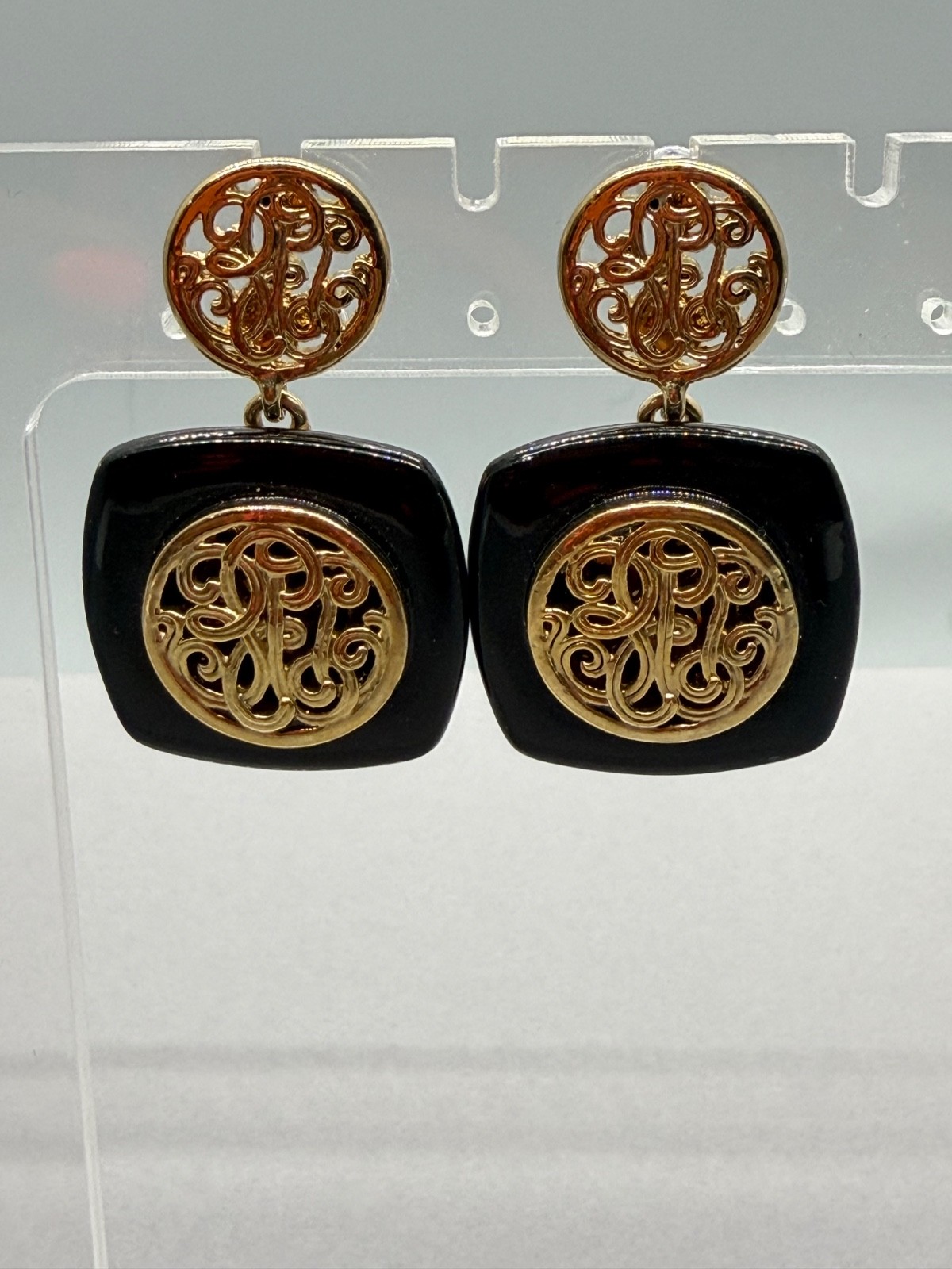 Monet Black and Gold Tone Scroll Design Post Dangle Earrings 1.50″