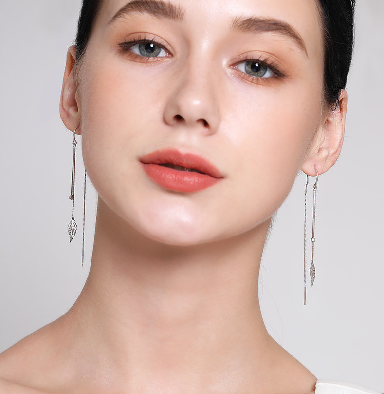 Solid 925 Sterling Silver Leaf Ball Pull Through Threader Earrings Gift Box PE21