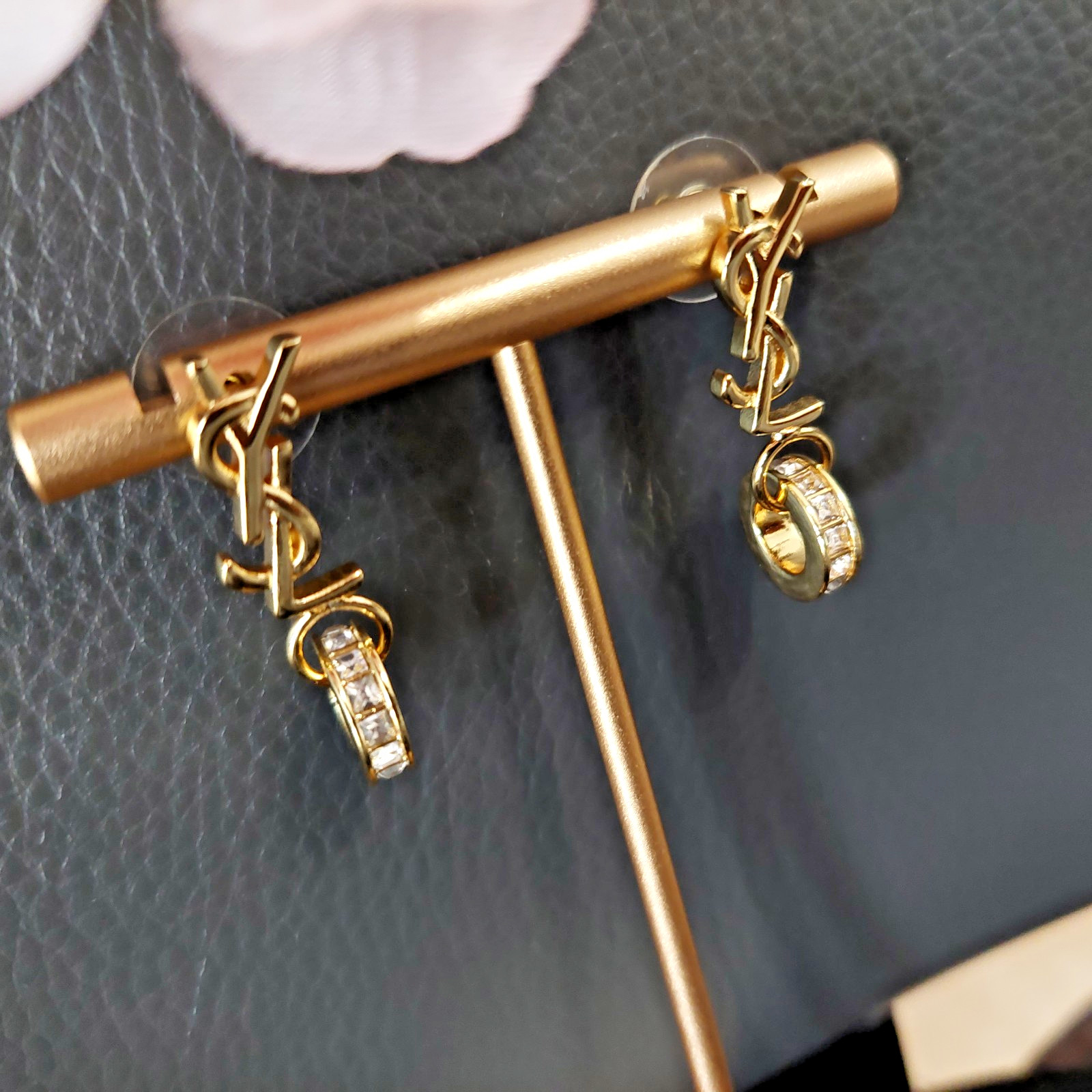 Auth. YVES SAINT LAURENT YSL LOGO Stud CRYSTAL Ring Drop EARRINGS Gold Tone