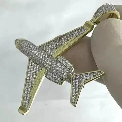 2Ct Lab Created Diamond Airplane Charm Pendant Necklaces 14K Yellow Gold Plated