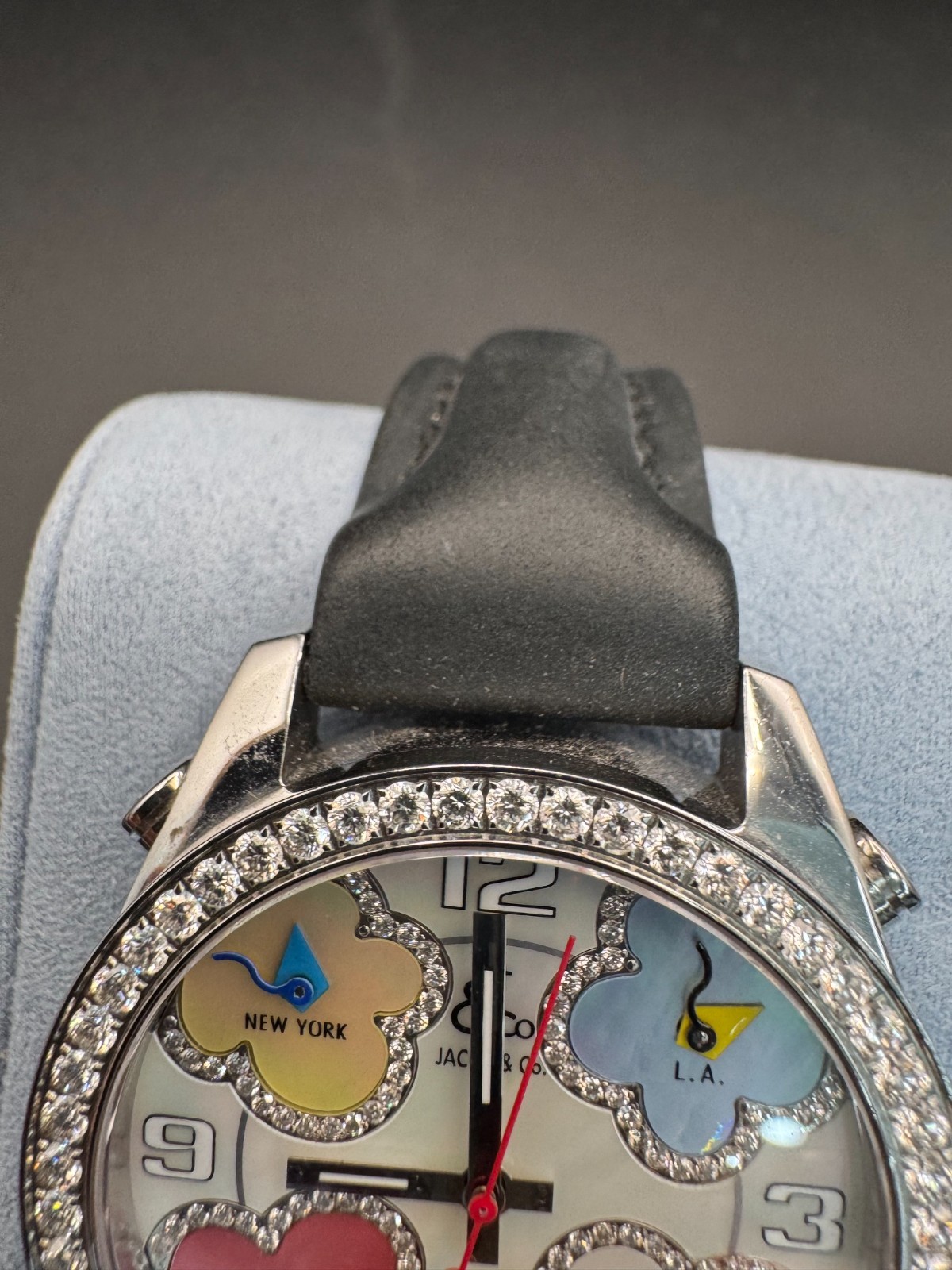 Jacob & Co five time zone watch mother pearl dial with four vibrant flower shape