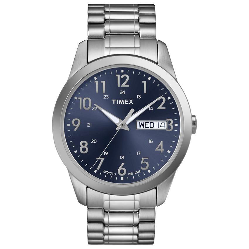 Timex T2M933, Men’s Silver-Tone Expansion Watch, Indiglo, Day/Date, Blue Dial