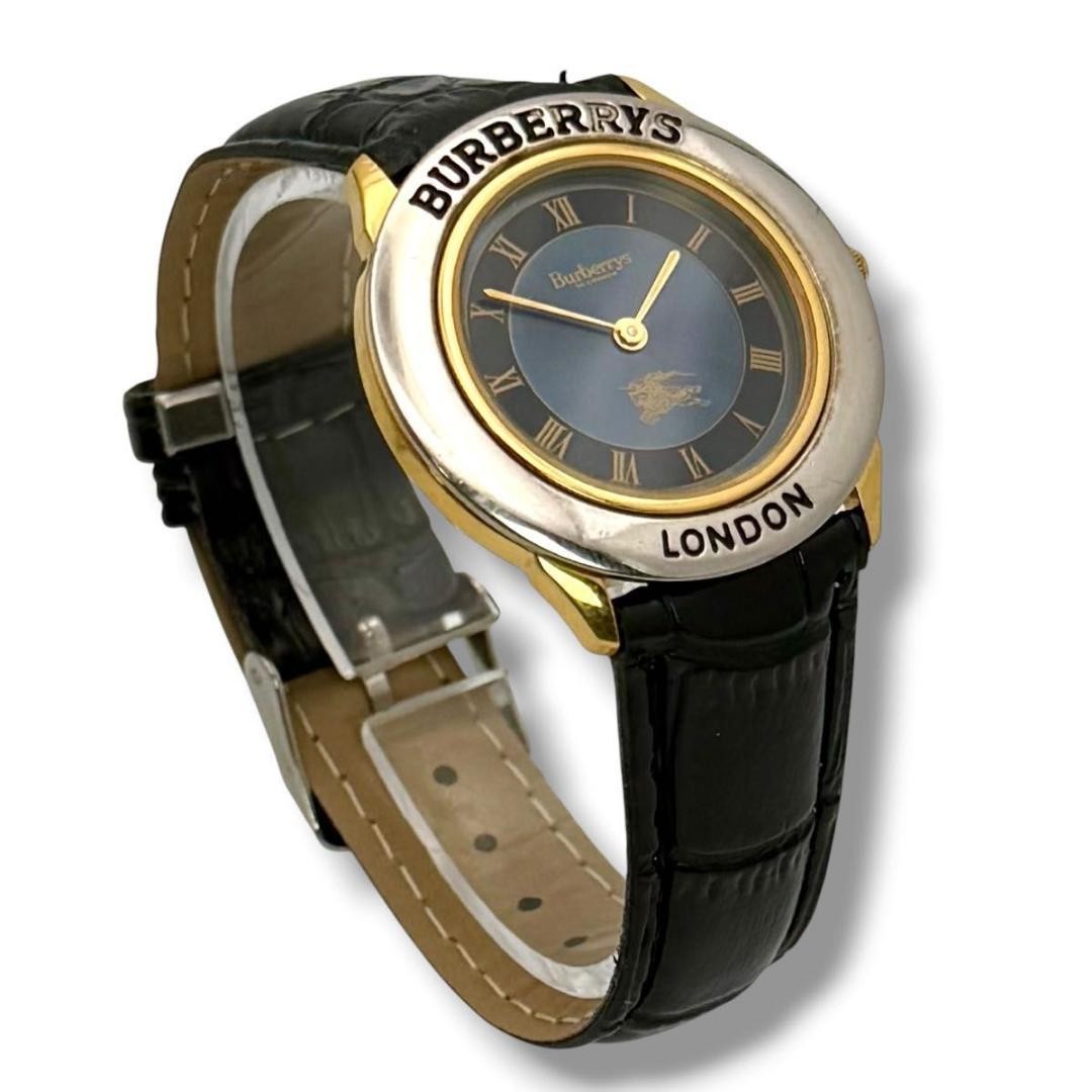 Burberry Mens Quartz Watch 3000 33mm Silver Gold Case Navy Dial Black Leather