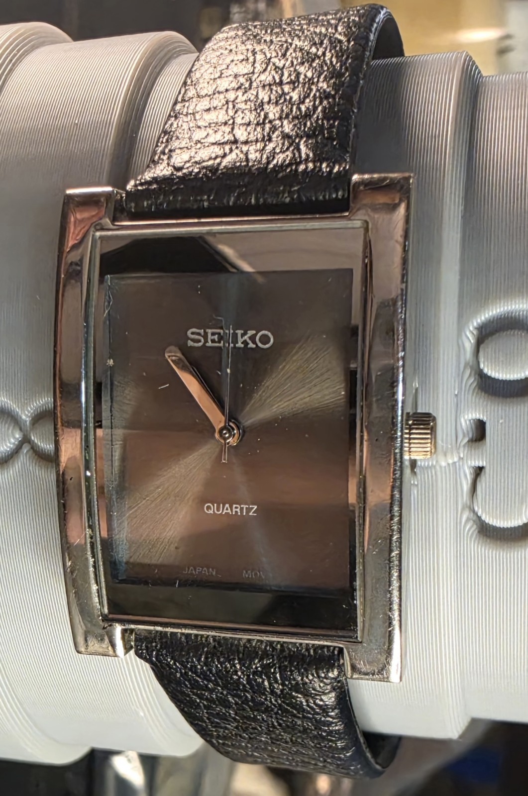 Seiko Quartz Women’s Rectangle Black Dial Black Leather Strap 200m 27.1mm