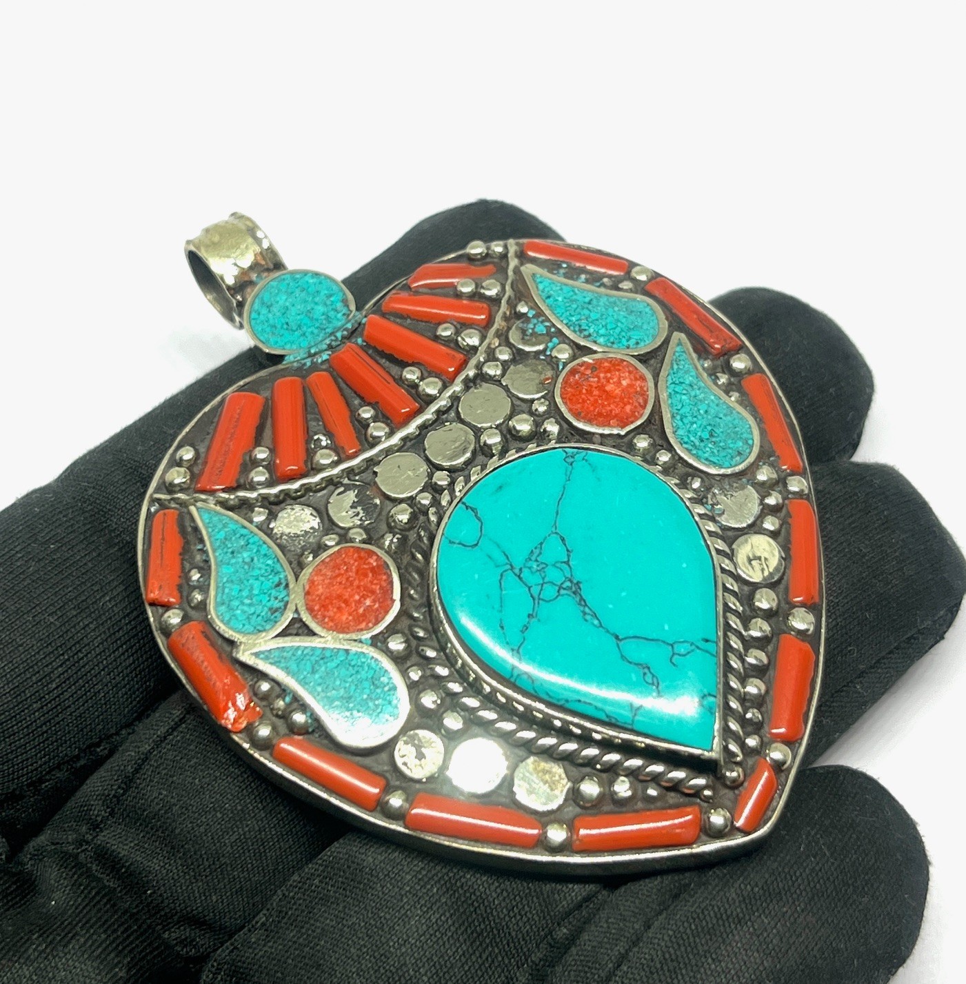 Ethnic Red Coral Turquoise Gemstone Tibetan Style Pendant Jewelry, 2.9 inch