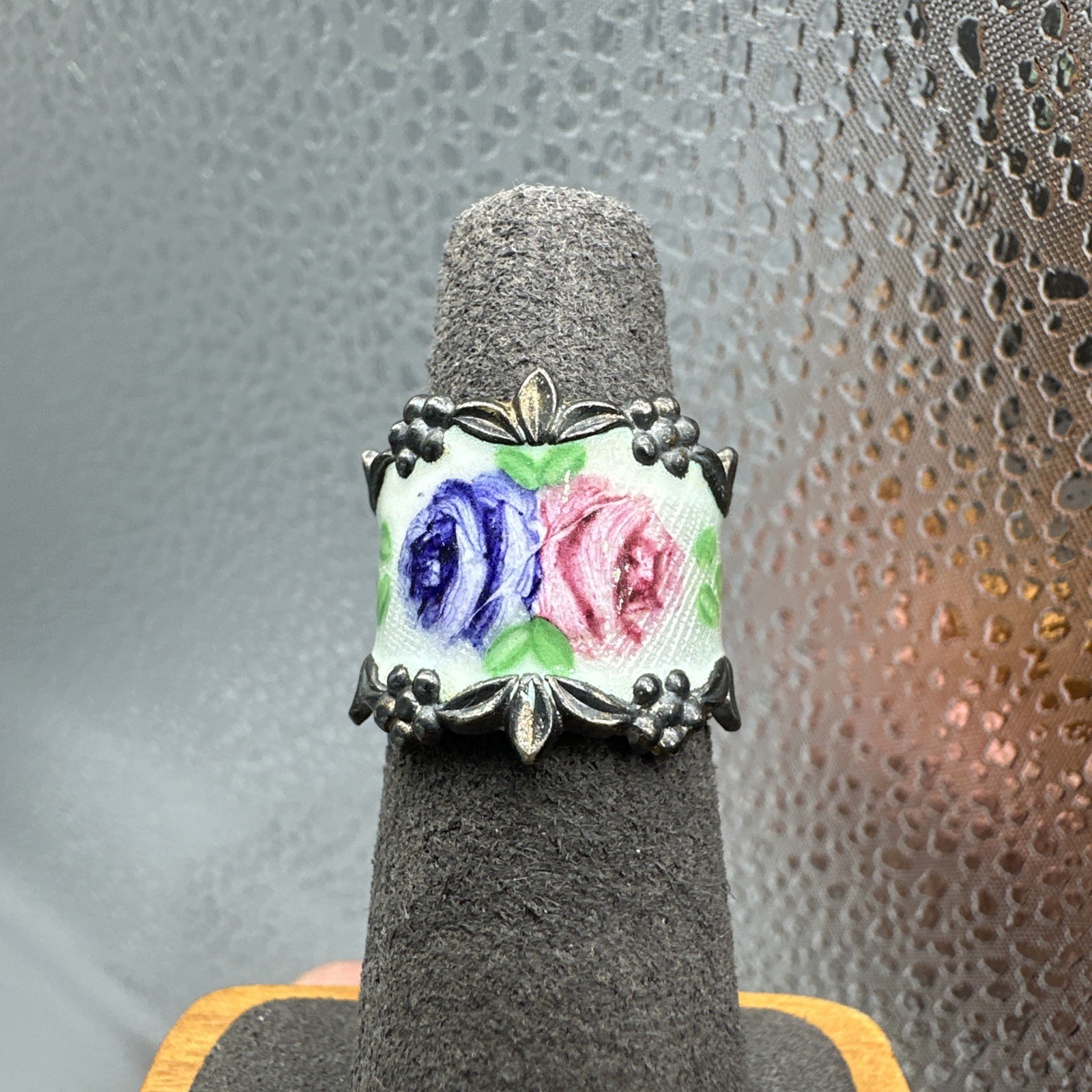 Vtg Vargas Sterling Silver Guilloche Enamel Painted Roses Flower Ring 7.1g Sz 5