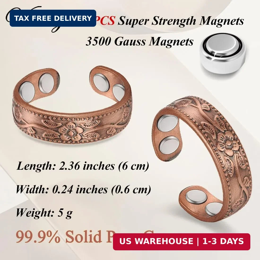 Vicmag Copper Magnetic Ring for Women 99.9% Copper Finger Ring Strong Magnet Rin