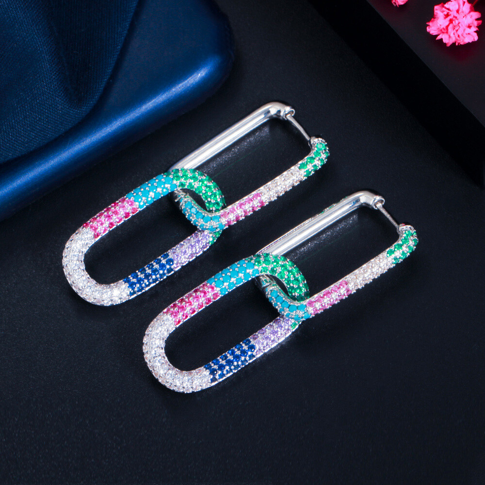 Gold Plated Mix Multicolor CZ Bridal Dangle Drop Rectangle Charm Hoop Earrings