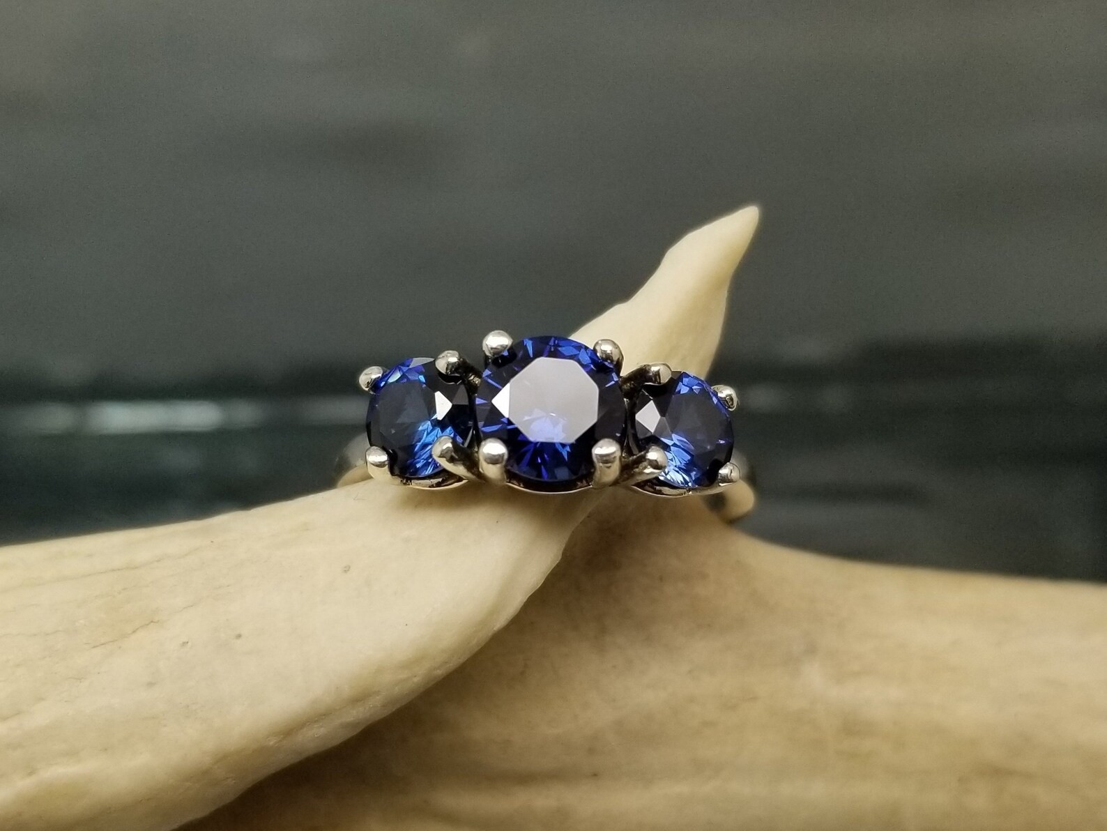 3.00 Ct Round Natural Sapphire Diamond Engagement Ring 14K White Gold Size 7