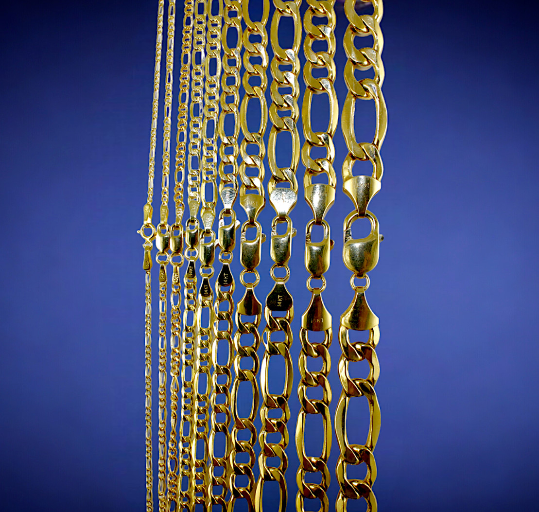 14K Yellow Gold Figaro Necklace Bracelet Chain Italian Real 1.5mm-12mm 7″-30″