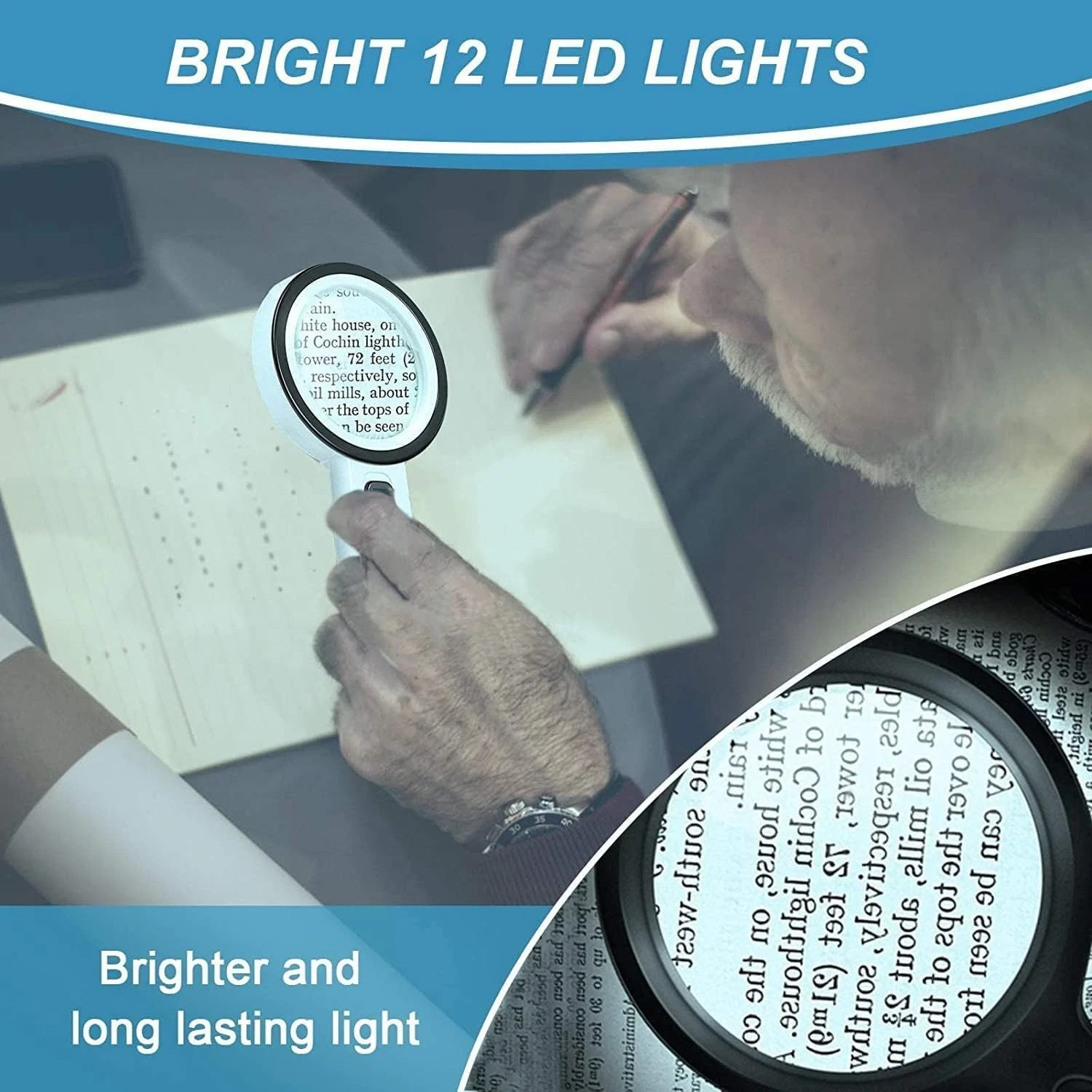 30X Jumbo Handheld Magnifying Glass w/ 12 Bright LED Light Illuminated Magnifier