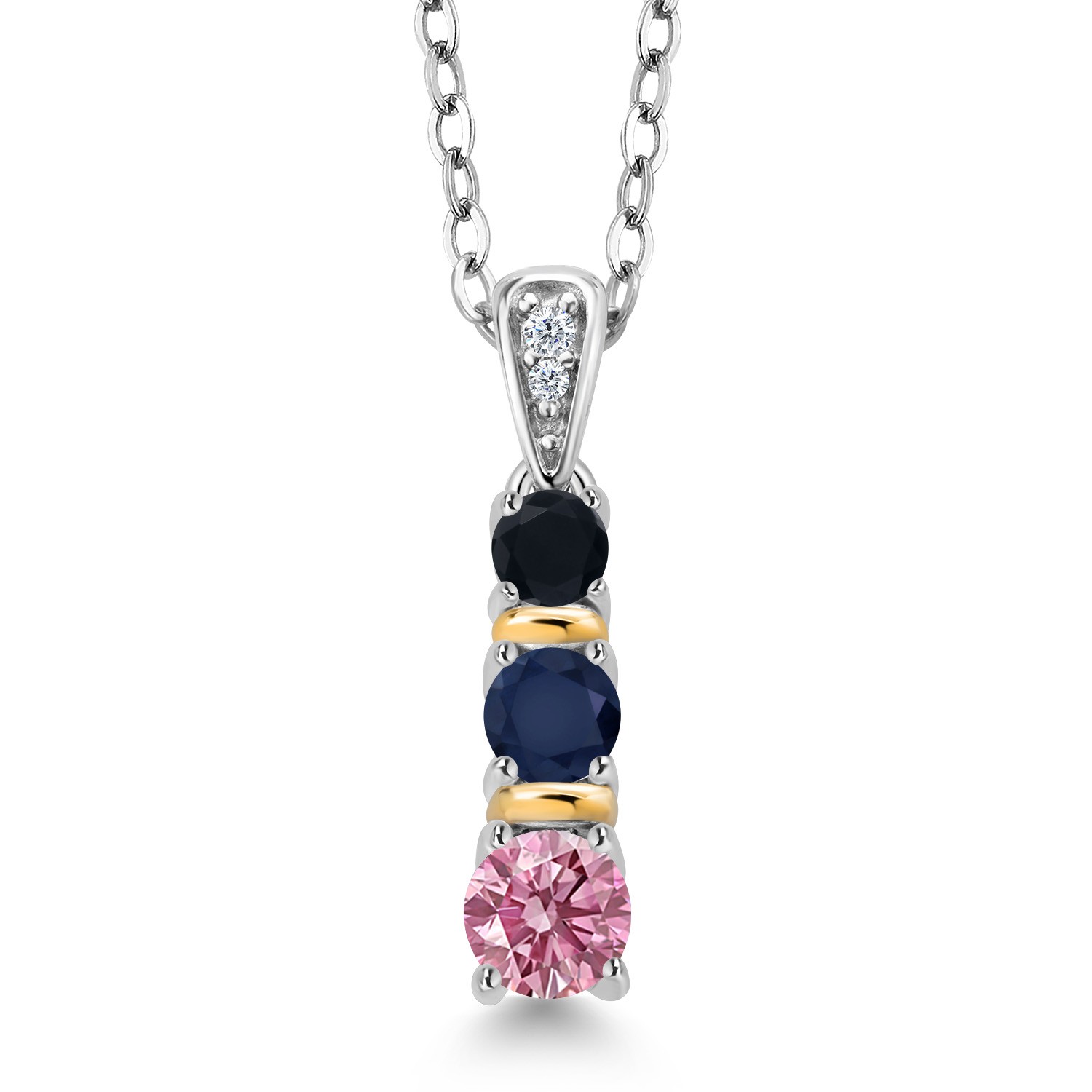 925 Silver and 10K Yellow Gold Pink Lab Grown Diamond Sapphire and Onyx