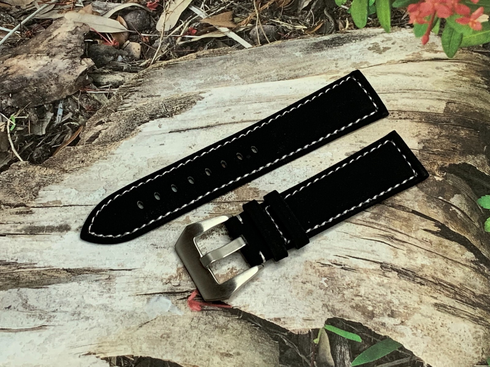 22 mm Black Suede White Stitches Silver Brushed Silver Pre-V Buckle Watch Band