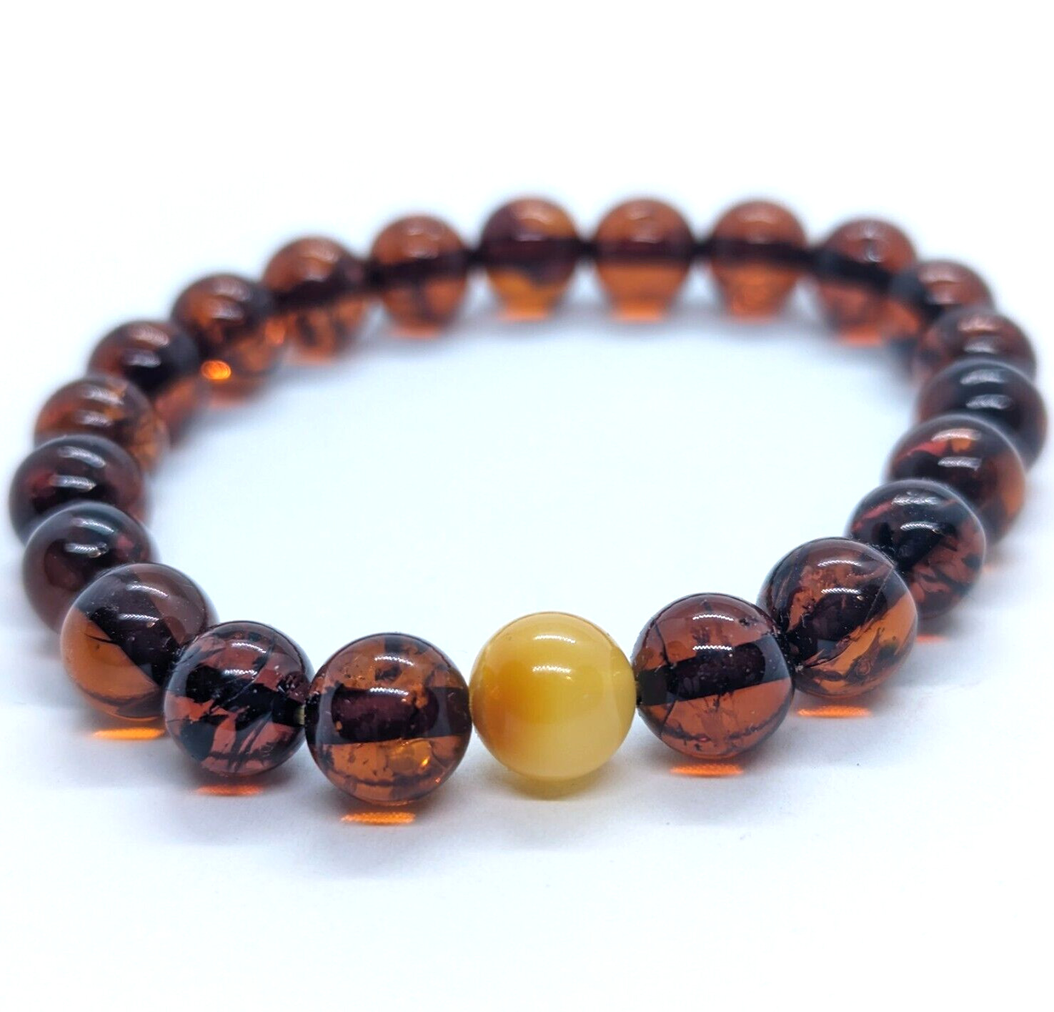 Amber Bracelet Natural Baltic 9mm Beads Round Cognac Stretch Bracelet