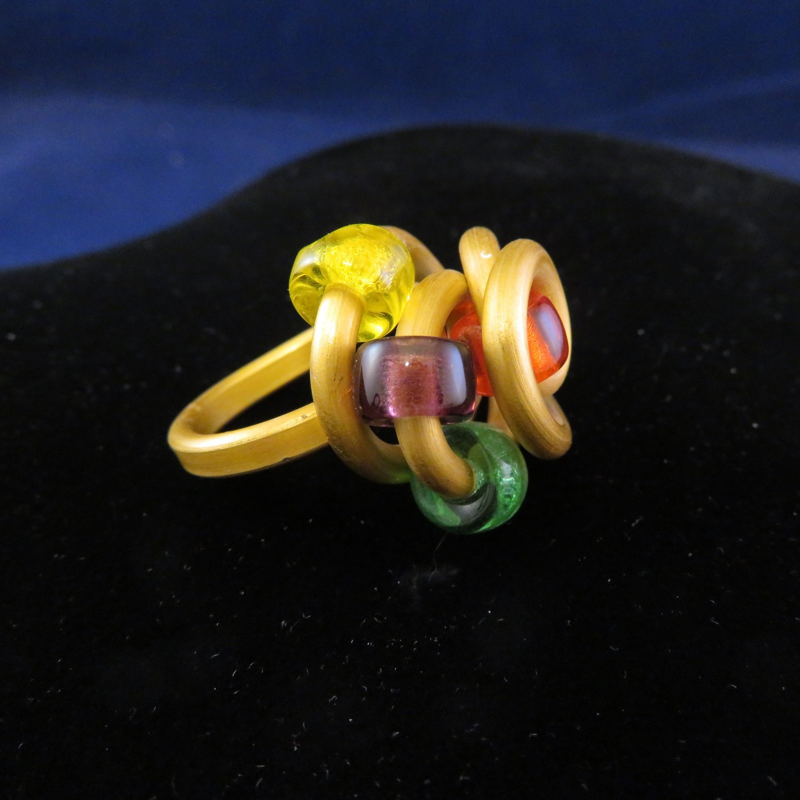 Fun Ring Golden Color Coated Thick Wire Sz. 7 w 5 Colorful Beads (1187)
